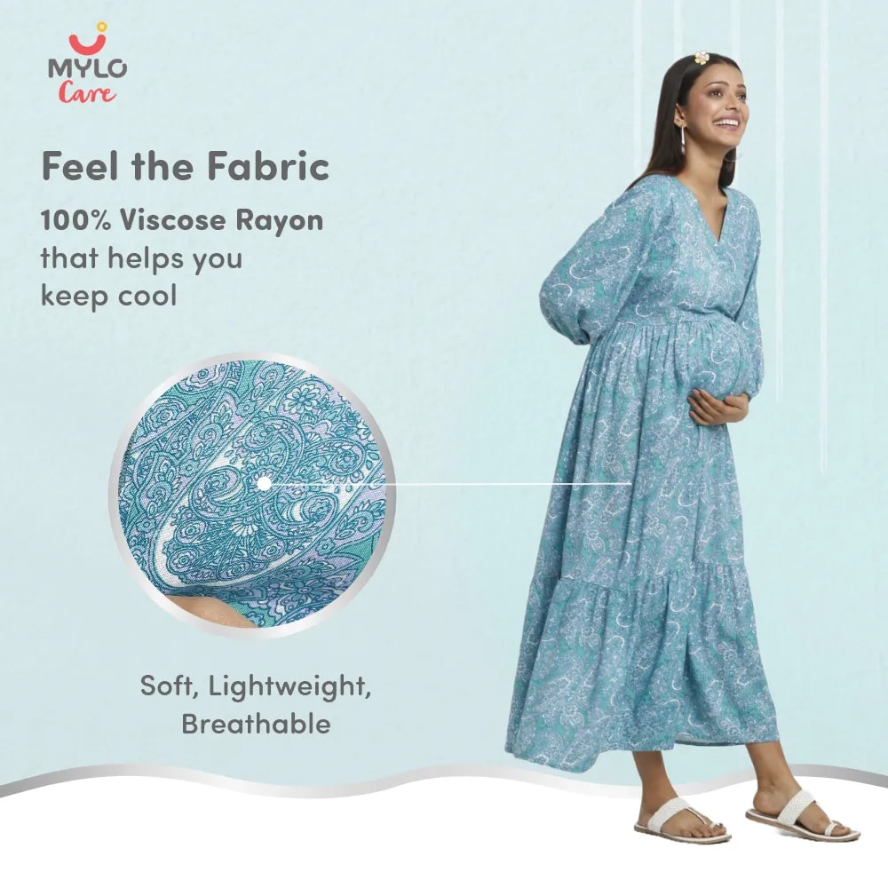 Maternity Dresses For Women with Both Side Zipper For Easy Feeding | Adjustable Belt for Growing Belly | Maxi Dress | Persian Paisley - Green | L