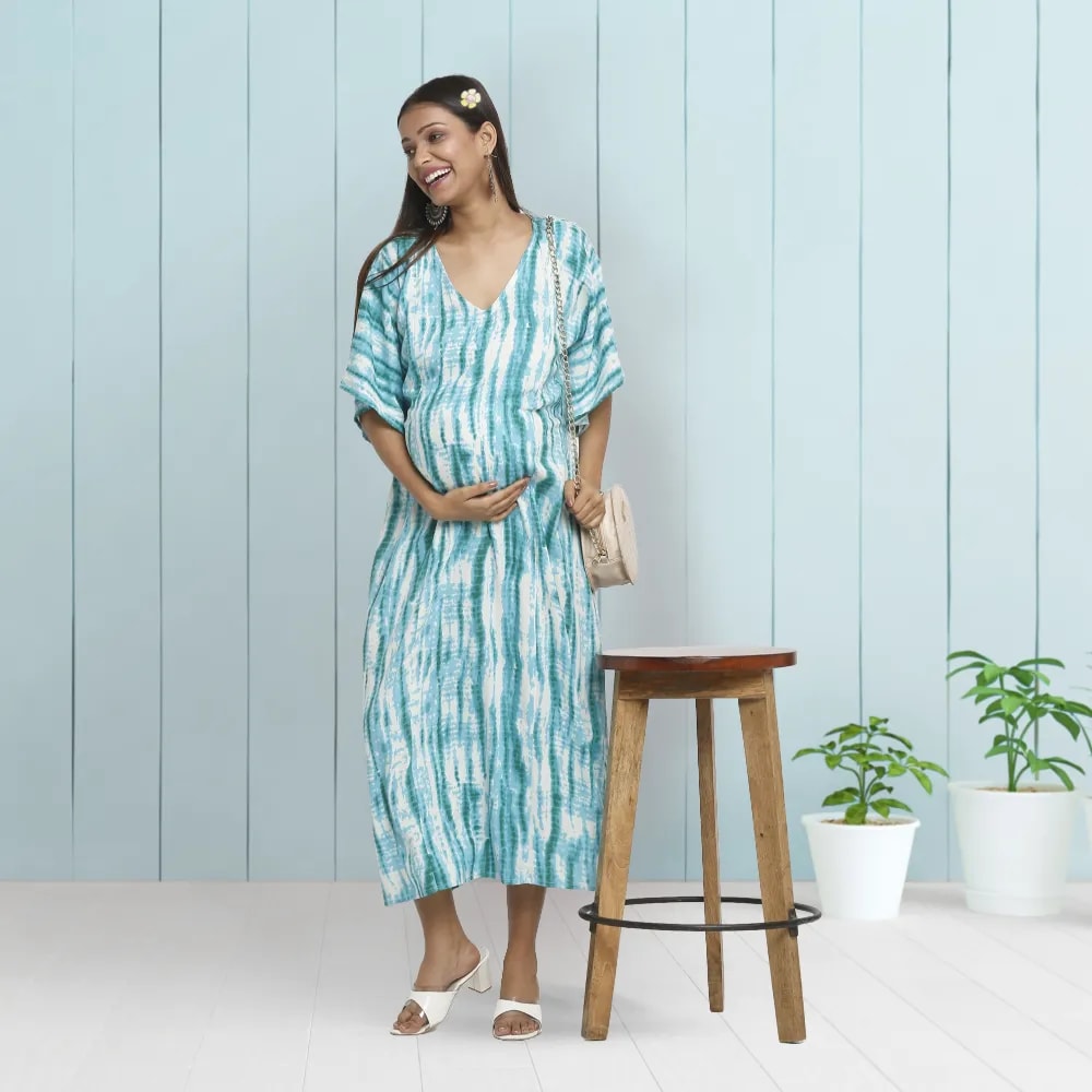 Maternity Dresses For Women with Both Side Zipper For Easy Feeding | Adjustable Belt for Growing Belly | Kaftan Dress | Shibori Print - Sea Green | L
