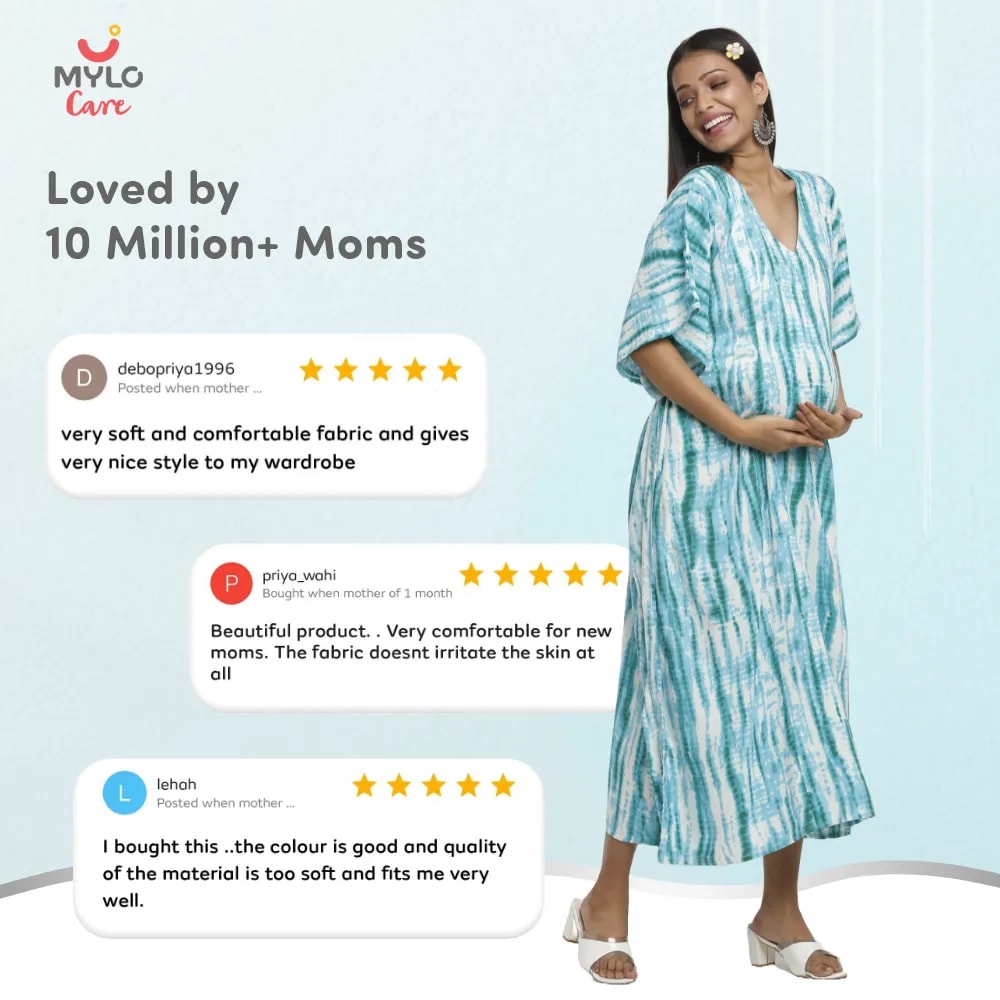 Maternity Dresses For Women with Both Side Zipper For Easy Feeding | Adjustable Belt for Growing Belly | Kaftan Dress | Shibori Print - Sea Green | L