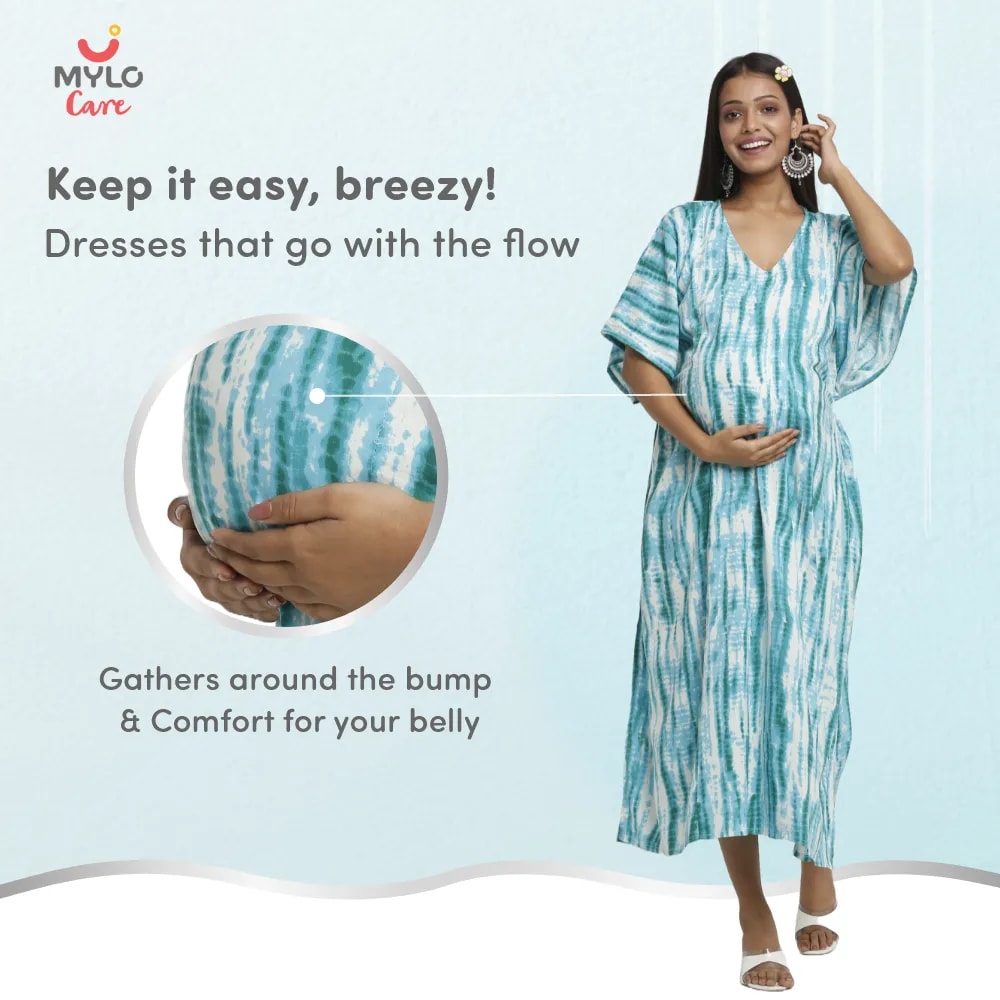 Maternity Dresses For Women with Both Side Zipper For Easy Feeding | Adjustable Belt for Growing Belly | Kaftan Dress | Shibori Print - Sea Green | L