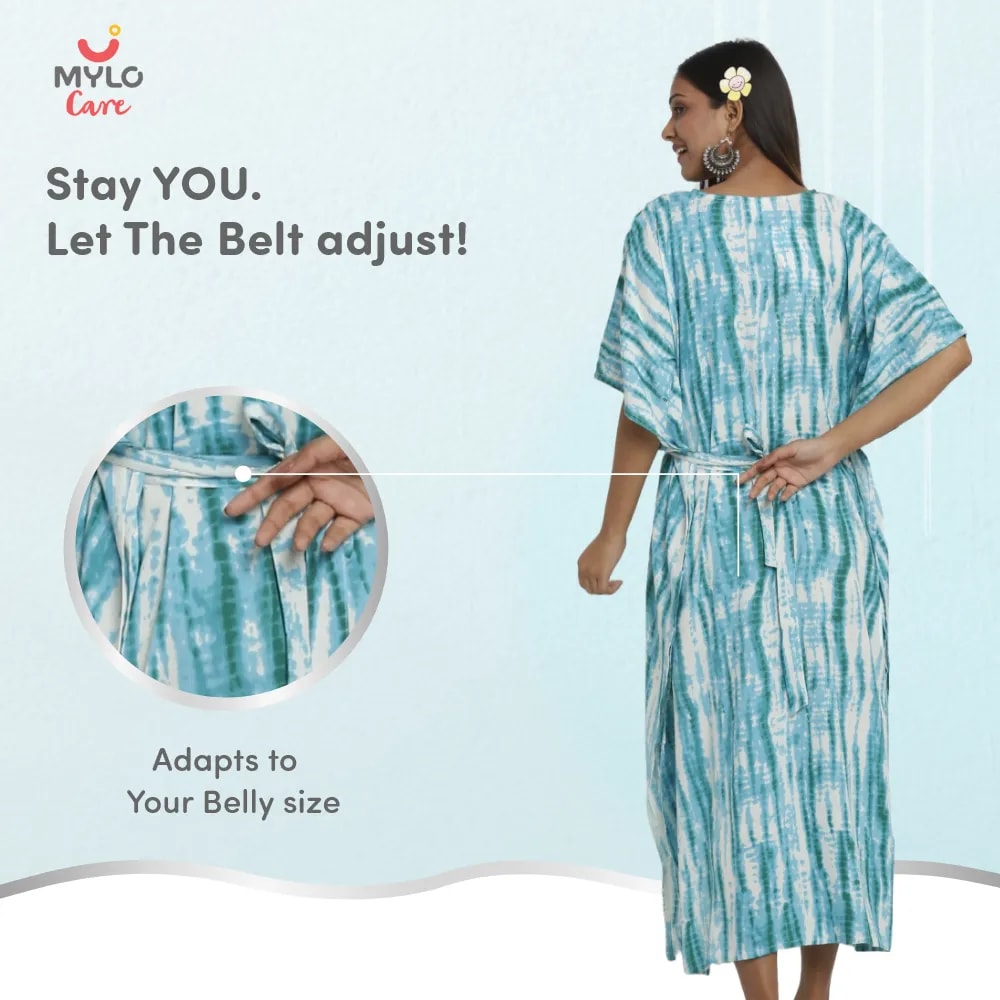 Maternity Dresses For Women with Both Side Zipper For Easy Feeding | Adjustable Belt for Growing Belly | Kaftan Dress | Shibori Print - Sea Green | L