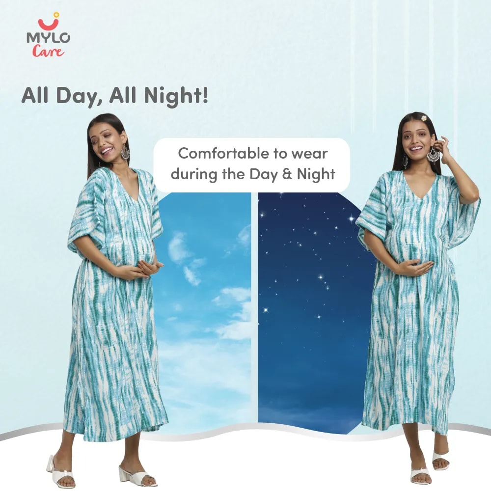 Maternity Dresses For Women with Both Side Zipper For Easy Feeding | Adjustable Belt for Growing Belly | Kaftan Dress | Shibori Print - Sea Green | L