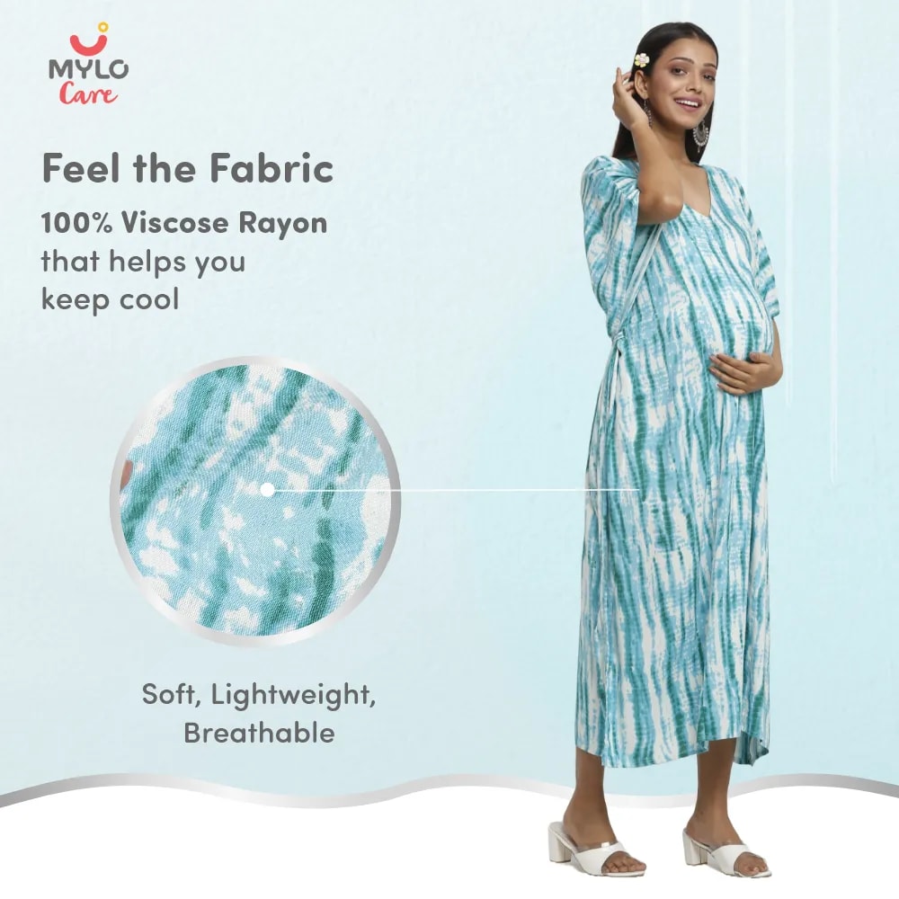 Maternity Dresses For Women with Both Side Zipper For Easy Feeding | Adjustable Belt for Growing Belly | Kaftan Dress | Shibori Print - Sea Green | L
