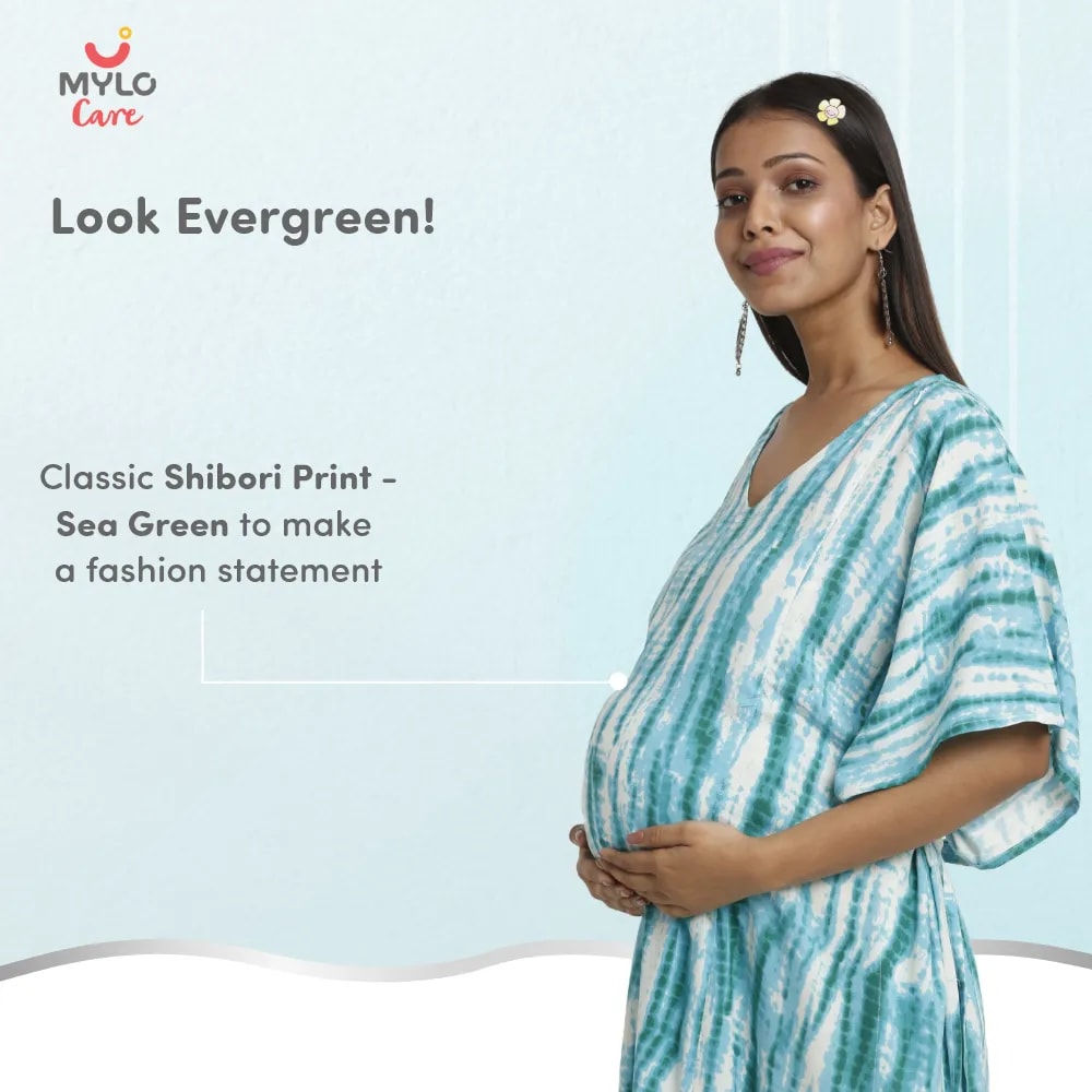 Maternity Dresses For Women with Both Side Zipper For Easy Feeding | Adjustable Belt for Growing Belly | Kaftan Dress | Shibori Print - Sea Green | L