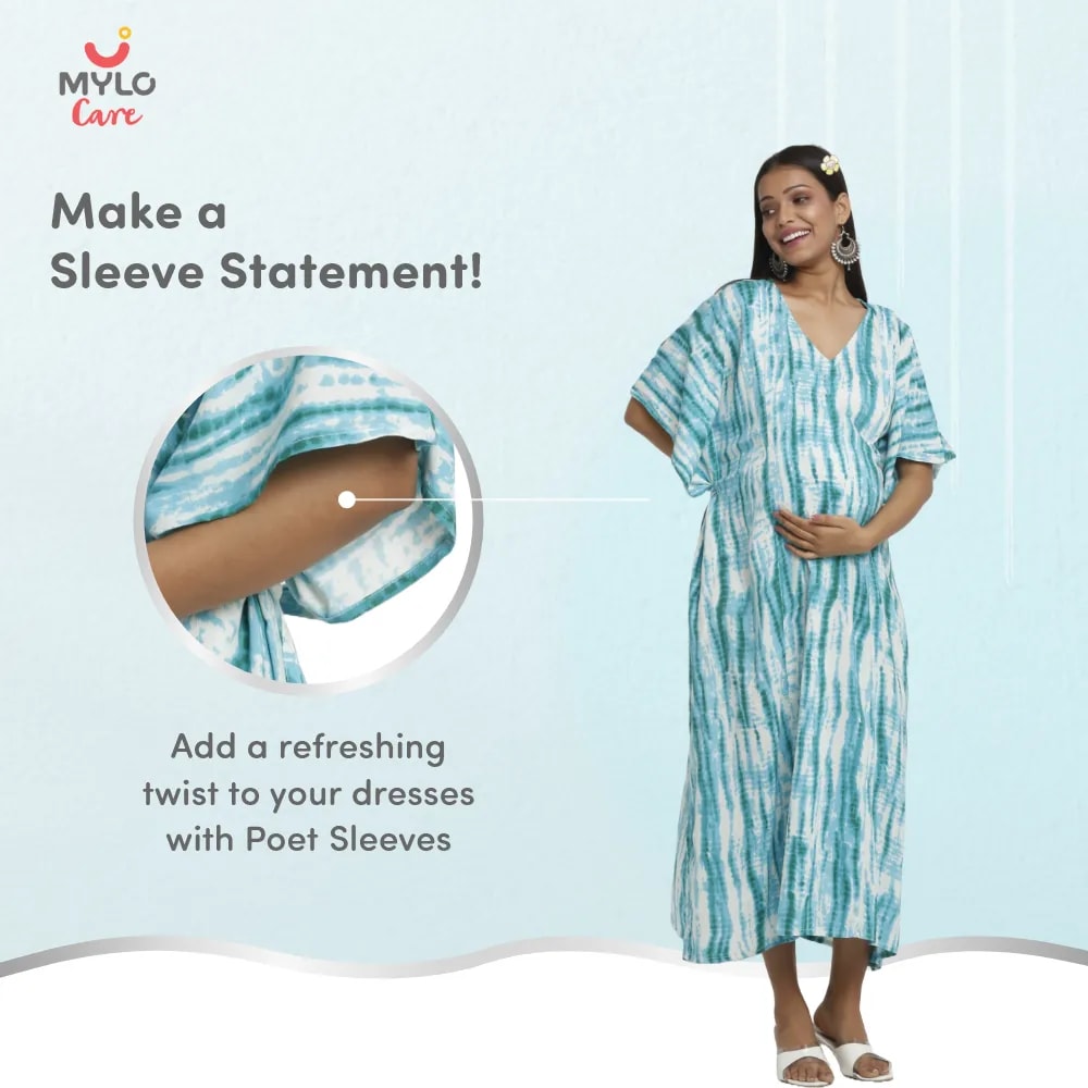 Maternity Dresses For Women with Both Side Zipper For Easy Feeding | Adjustable Belt for Growing Belly | Kaftan Dress | Shibori Print - Sea Green | L