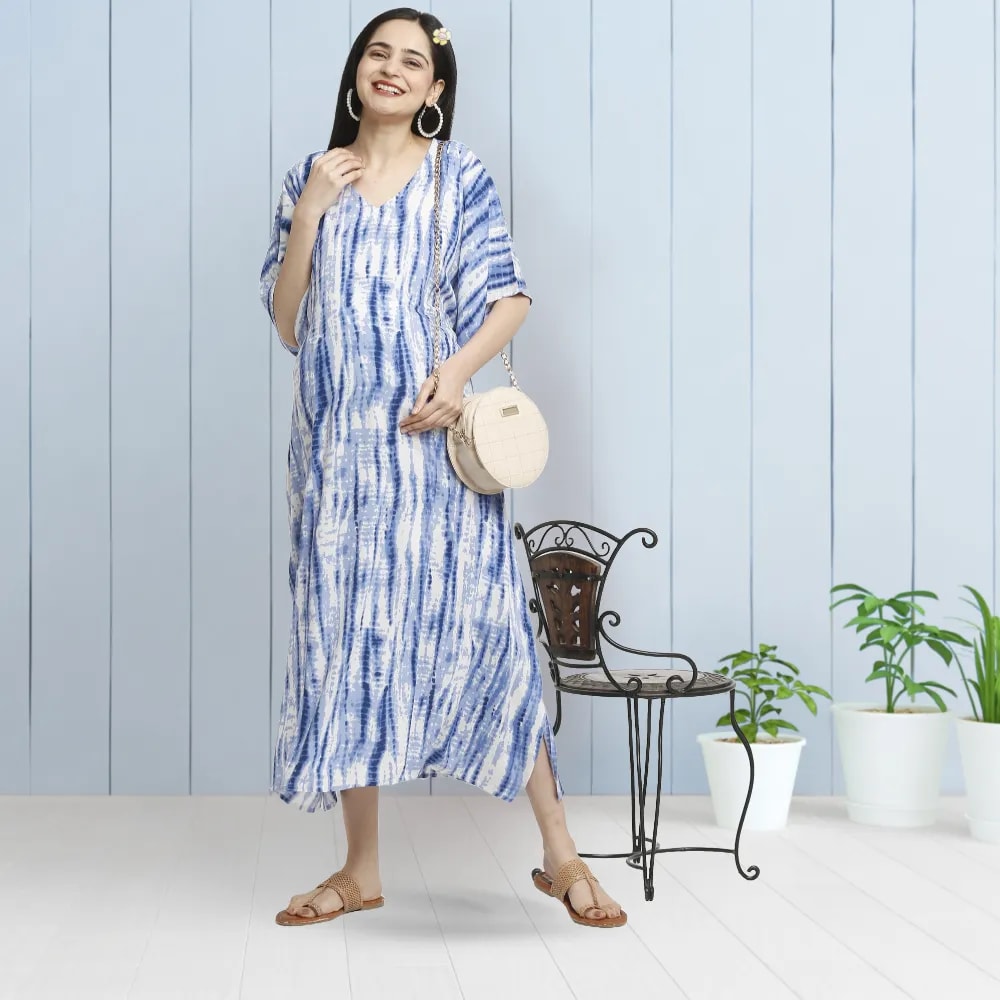 Maternity Dresses For Women with Both Side Zipper For Easy Feeding | Adjustable Belt for Growing Belly | Kaftan Dress | Shibori Print - Navy | L
