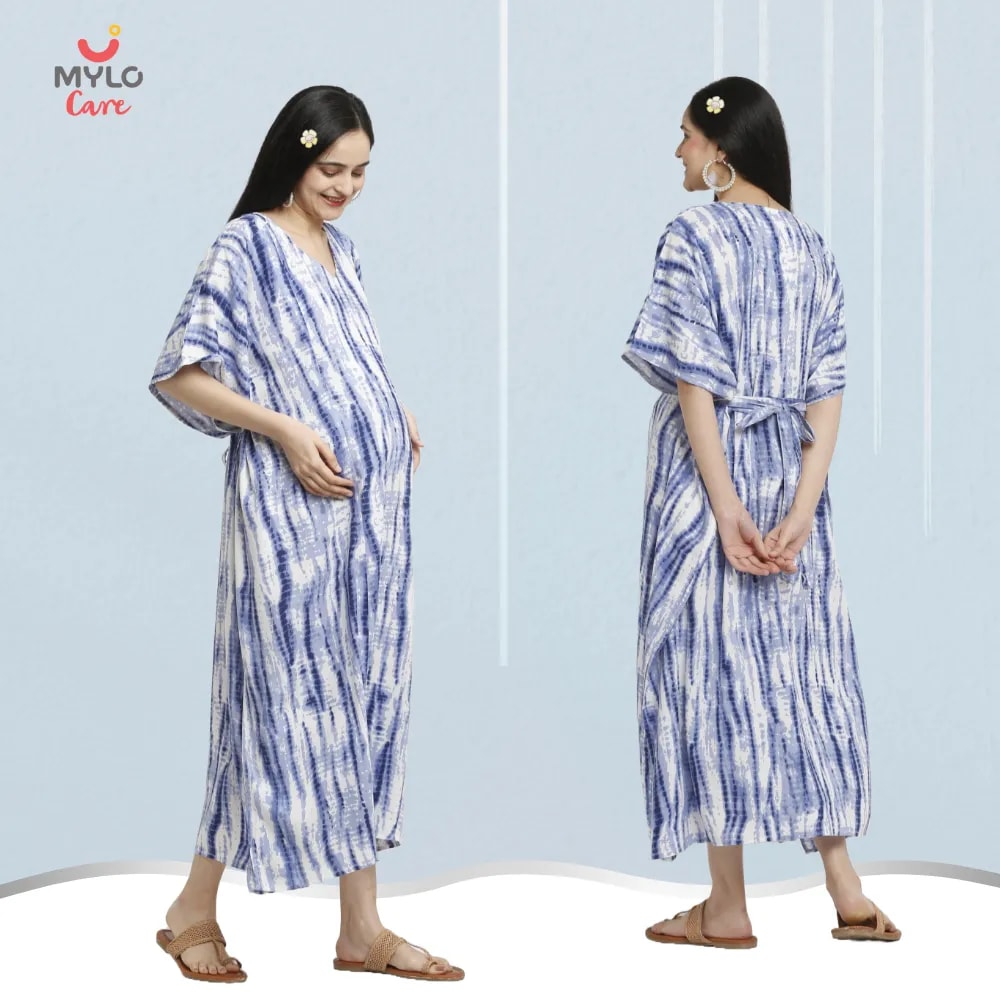 Maternity Dresses For Women with Both Side Zipper For Easy Feeding | Adjustable Belt for Growing Belly | Kaftan Dress | Shibori Print - Navy | L