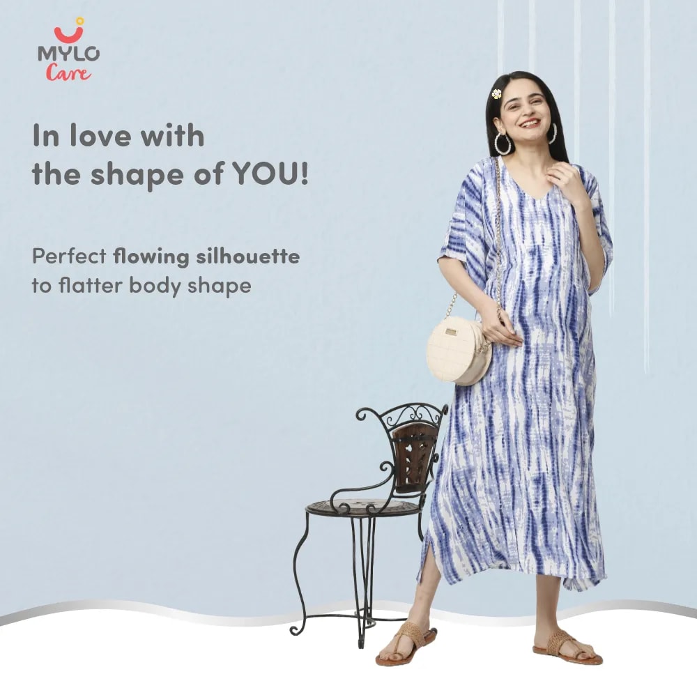 Maternity Dresses For Women with Both Side Zipper For Easy Feeding | Adjustable Belt for Growing Belly | Kaftan Dress | Shibori Print - Navy | L