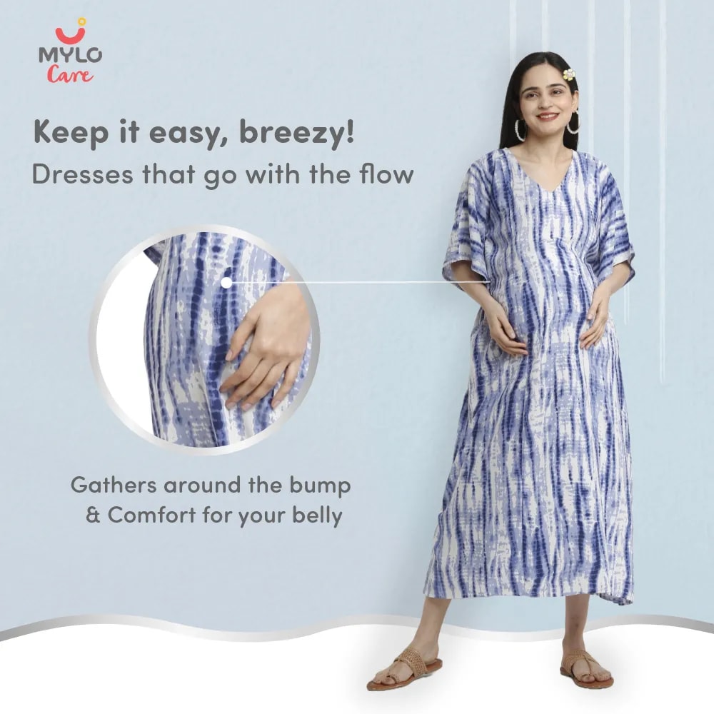 Maternity Dresses For Women with Both Side Zipper For Easy Feeding | Adjustable Belt for Growing Belly | Kaftan Dress | Shibori Print - Navy | L