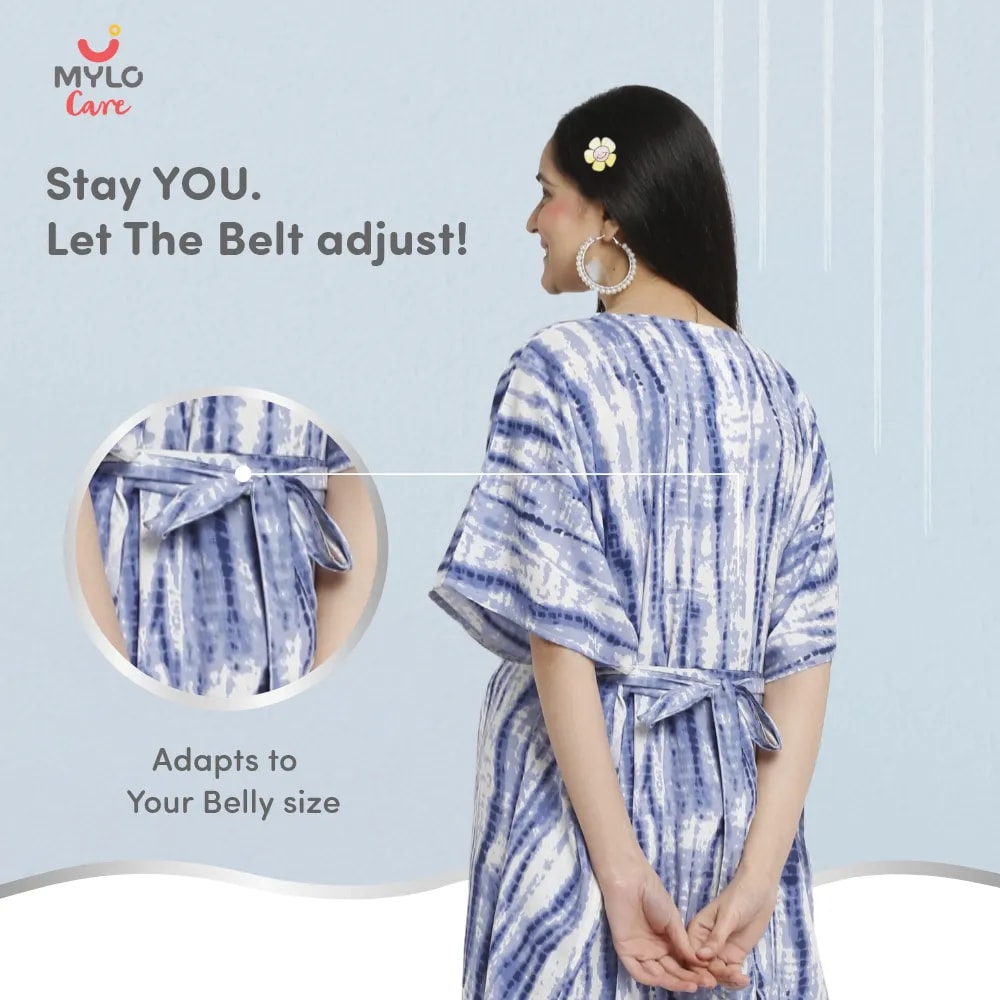 Maternity Dresses For Women with Both Side Zipper For Easy Feeding | Adjustable Belt for Growing Belly | Kaftan Dress | Shibori Print - Navy | L