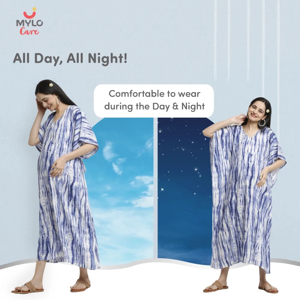Maternity Dresses For Women with Both Side Zipper For Easy Feeding | Adjustable Belt for Growing Belly | Kaftan Dress | Shibori Print - Navy | L