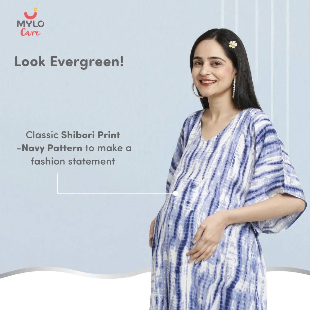 Maternity Dresses For Women with Both Side Zipper For Easy Feeding | Adjustable Belt for Growing Belly | Kaftan Dress | Shibori Print - Navy | L
