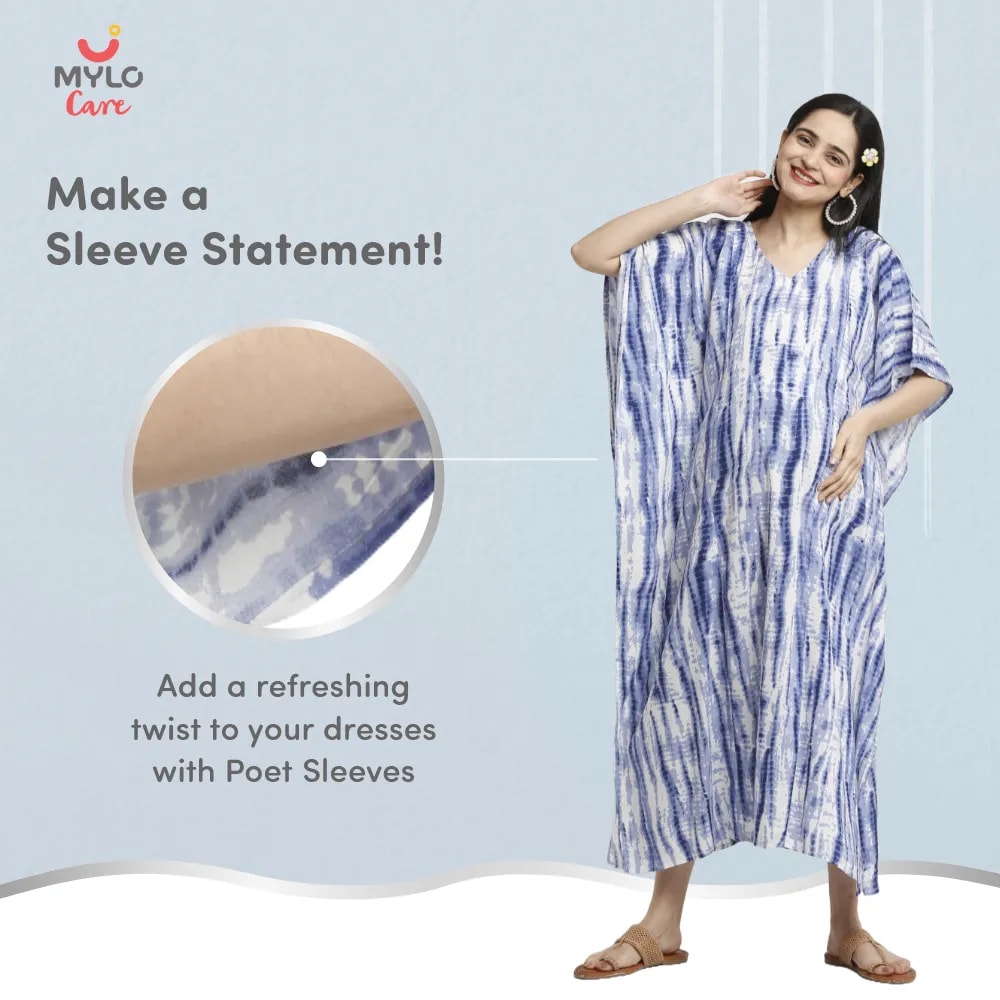 Maternity Dresses For Women with Both Side Zipper For Easy Feeding | Adjustable Belt for Growing Belly | Kaftan Dress | Shibori Print - Navy | L