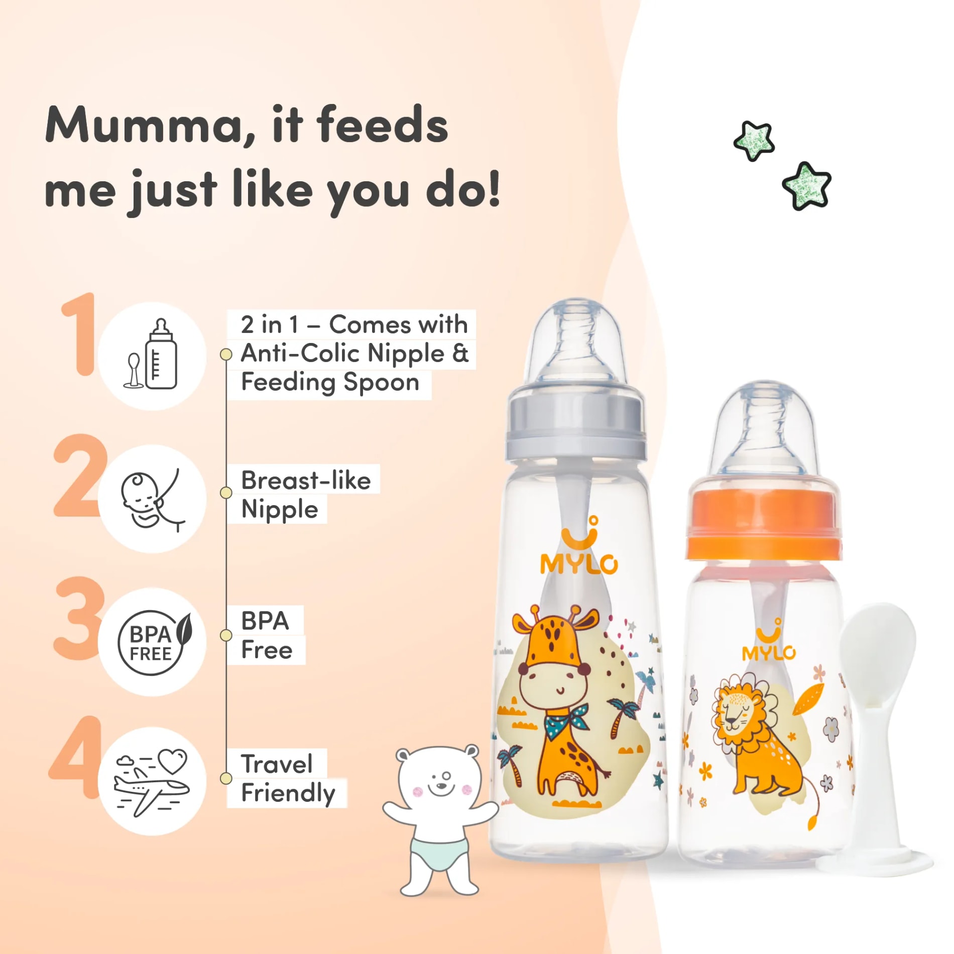2-in-1 Baby Feeding Bottle | BPA Free with Anti-Colic Nipple & Spoon | Easy Flow Neck Design - Lion & Giraffe 125ml & 250ml
