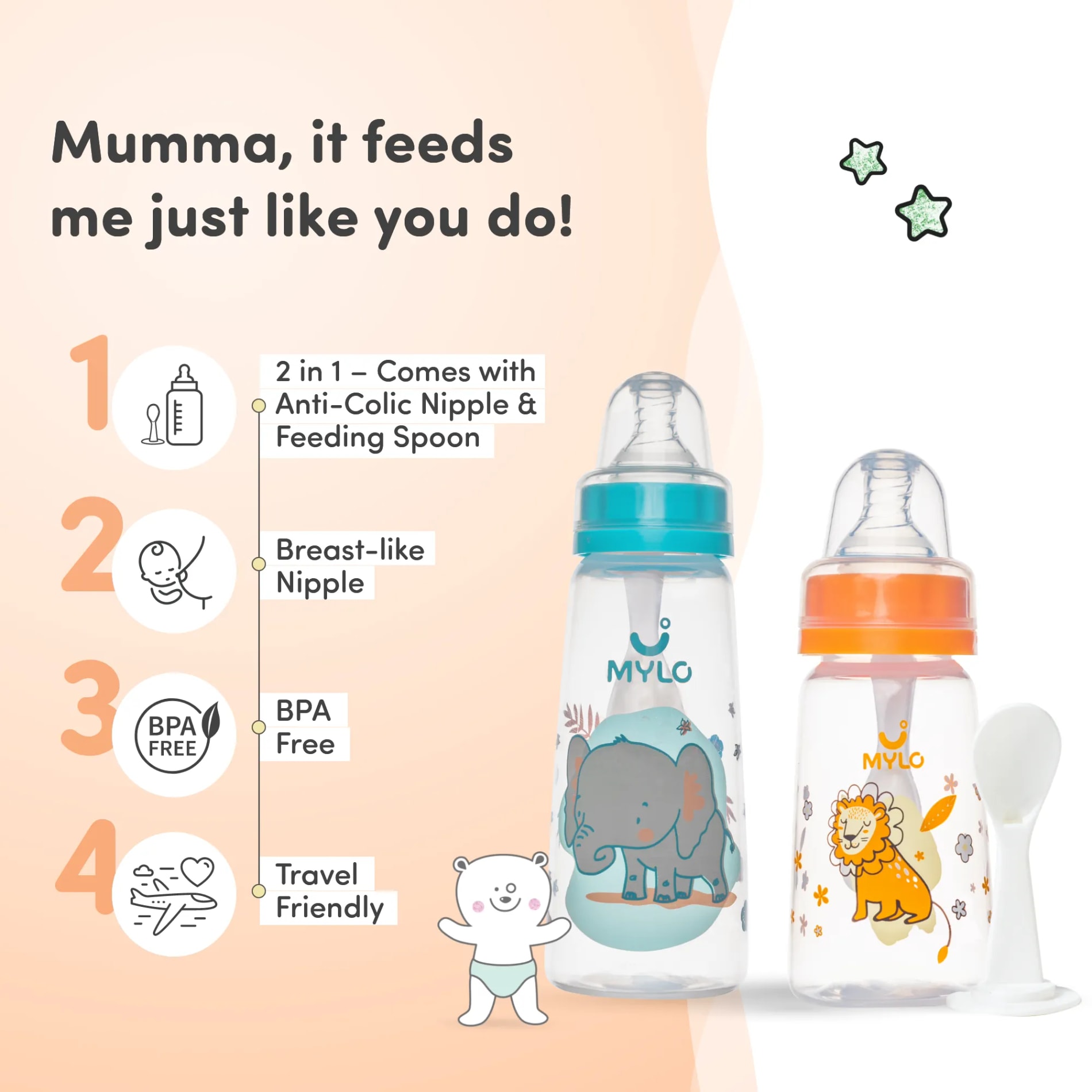 2-in-1 Baby Feeding Bottle | BPA Free with Anti-Colic Nipple & Spoon | Easy Flow Neck Design - Lion & Elephant 125ml & 250ml