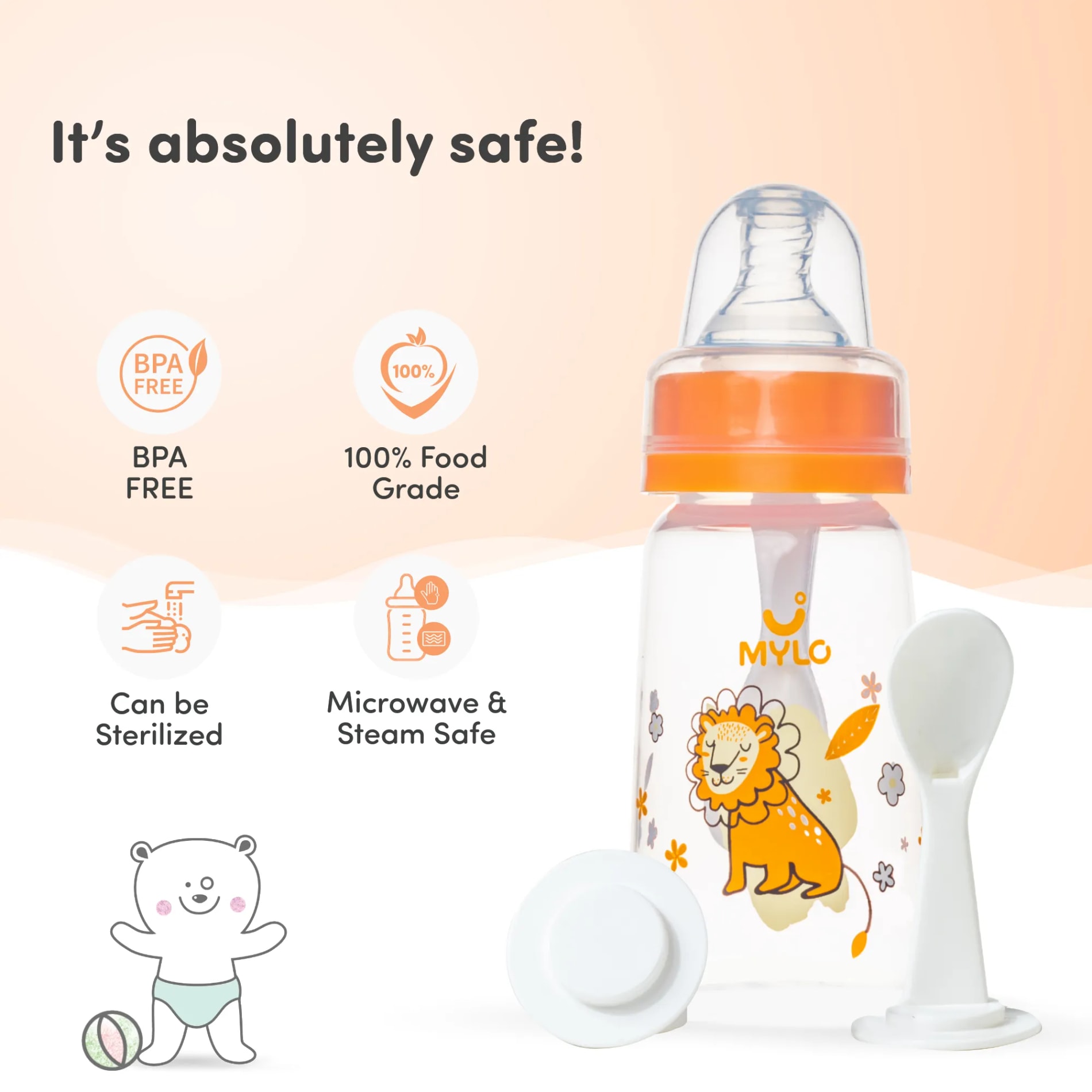 2-in-1 Baby Feeding Bottle | BPA Free with Anti-Colic Nipple & Spoon | Easy Flow Neck Design - Lion & Blue 125ml & 250ml