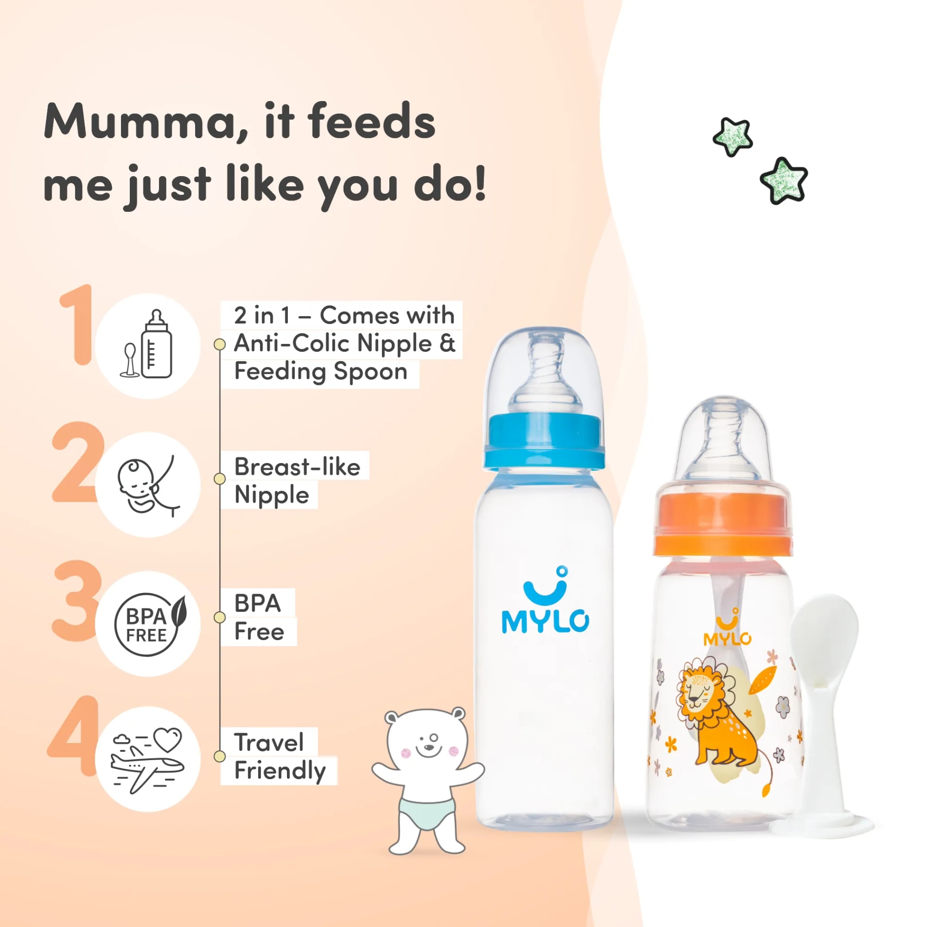 2-in-1 Baby Feeding Bottle | BPA Free with Anti-Colic Nipple & Spoon | Easy Flow Neck Design - Lion & Blue 125ml & 250ml