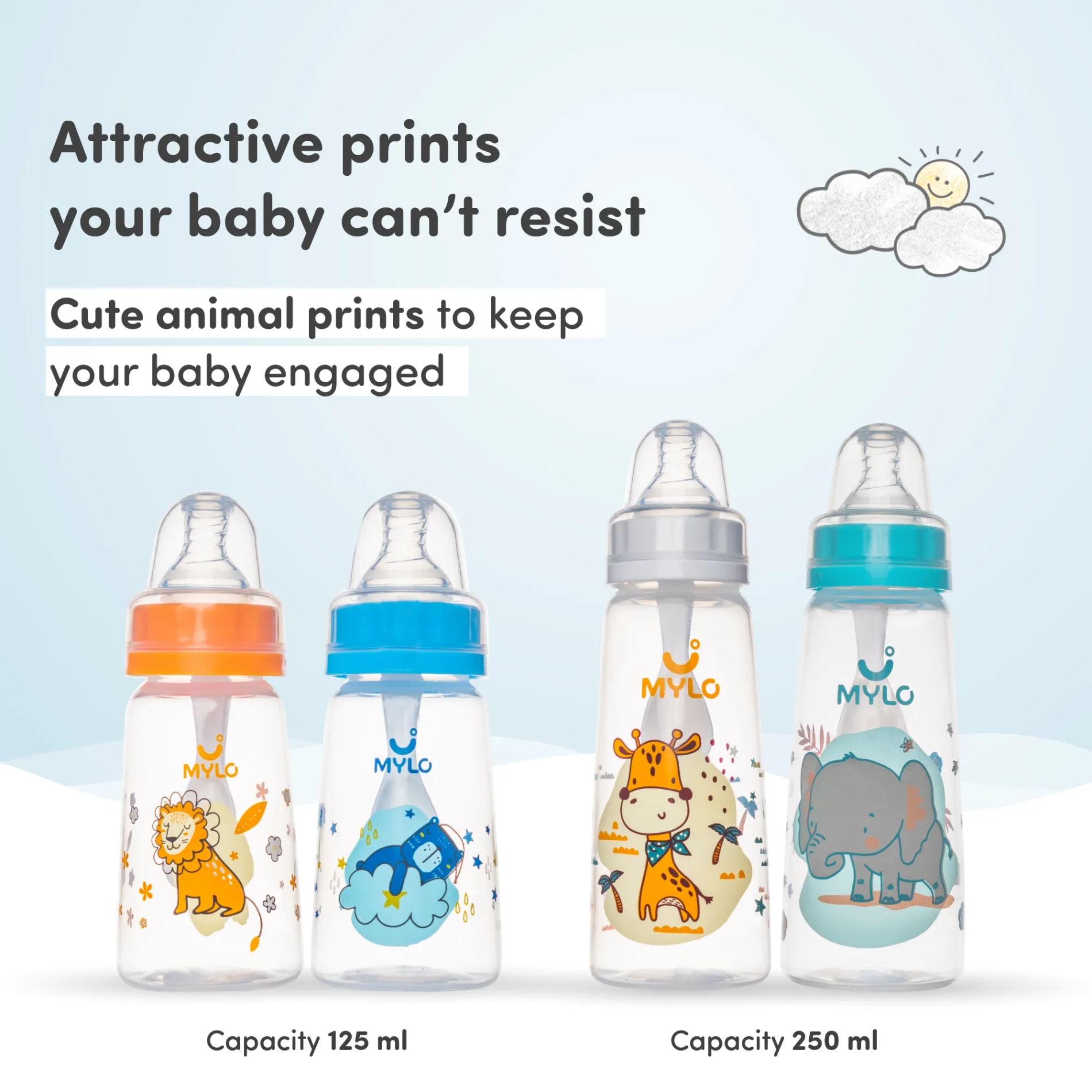 2-in-1 Baby Feeding Bottle | BPA Free with Anti-Colic Nipple & Spoon | Easy Flow Neck Design - Bear & Giraffe 125ml & 250ml