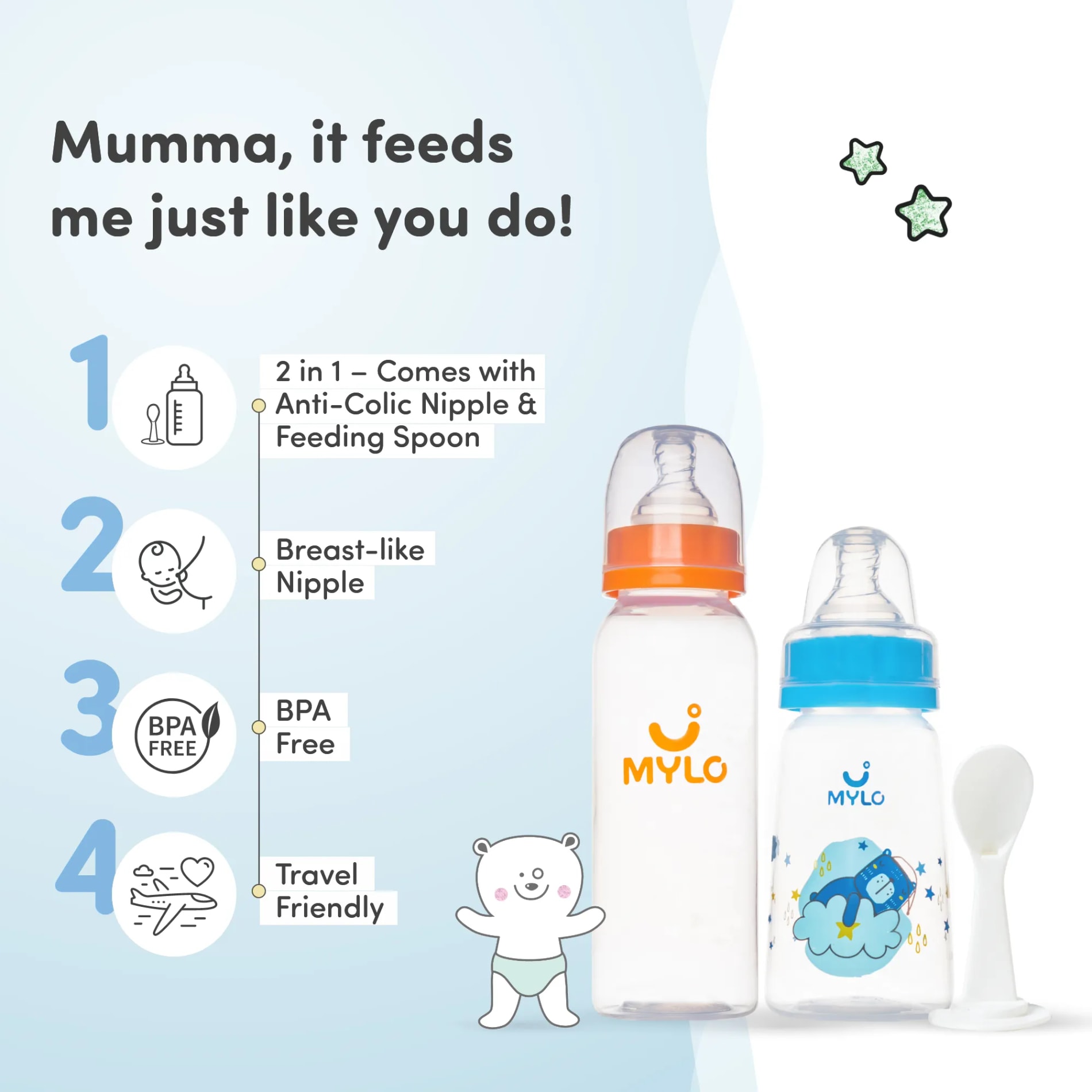 2-in-1 Baby Feeding Bottle | BPA Free with Anti-Colic Nipple & Spoon | Easy Flow Neck Design - Bear & Orange 125ml & 250ml