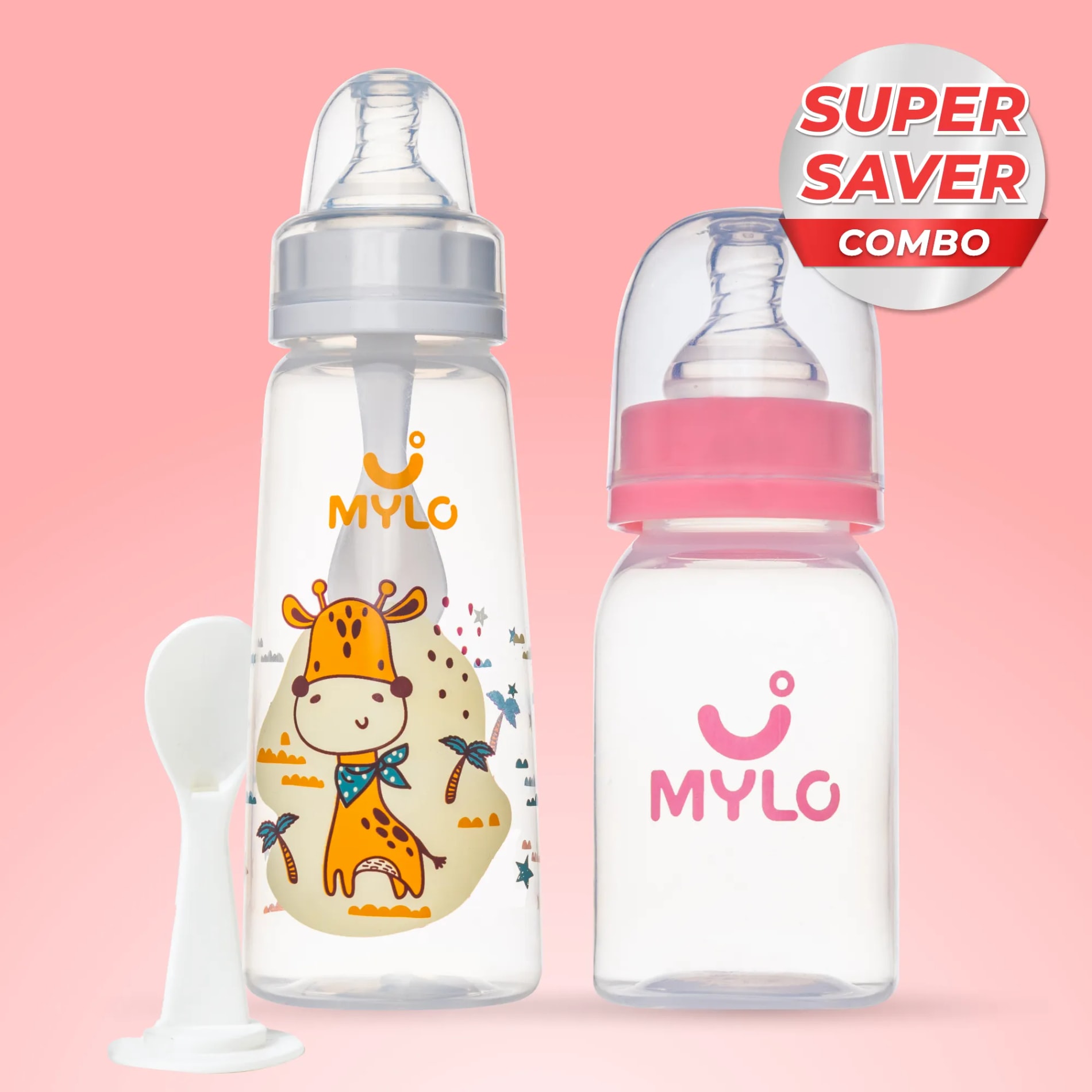 2-in-1 Baby Feeding Bottle - Pink & Giraffe 125ml & 250ml (Pack of 2)