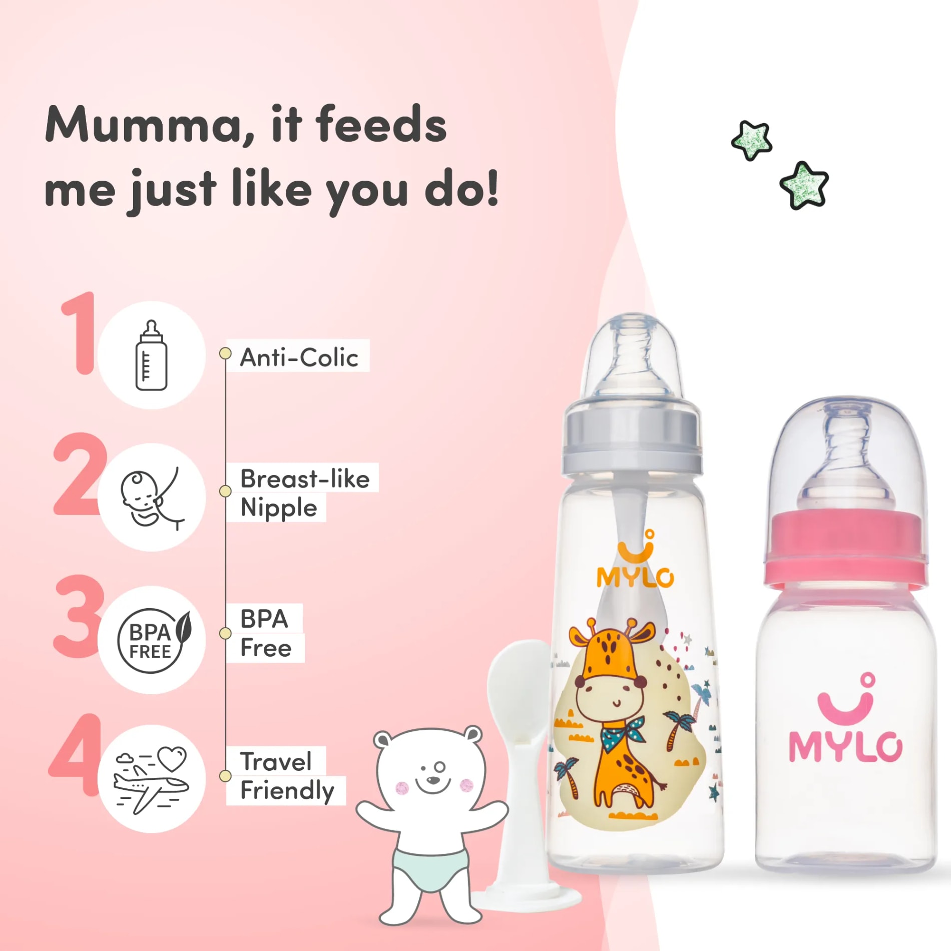 2-in-1 Baby Feeding Bottle | BPA Free with Anti-Colic Nipple & Spoon | Easy Flow Neck Design - Pink & Giraffe 125ml & 250ml