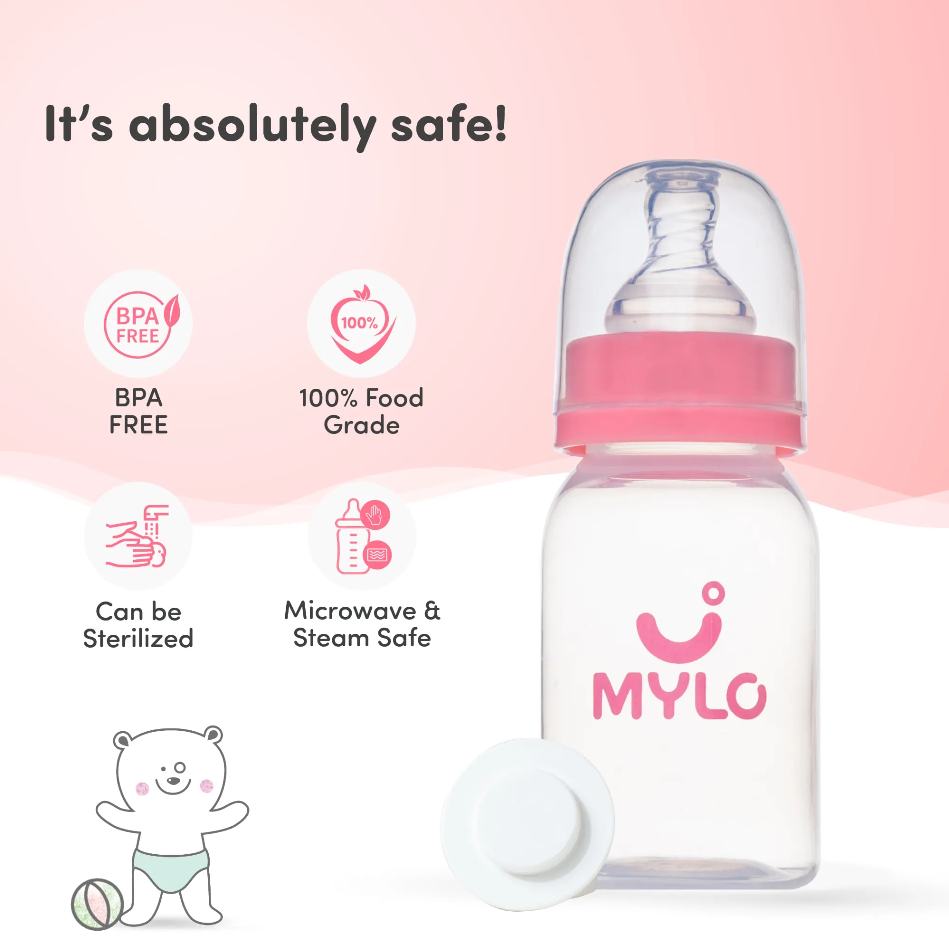 2-in-1 Baby Feeding Bottle | BPA Free with Anti-Colic Nipple & Spoon | Easy Flow Neck Design - Pink & Elephant 125ml & 250ml