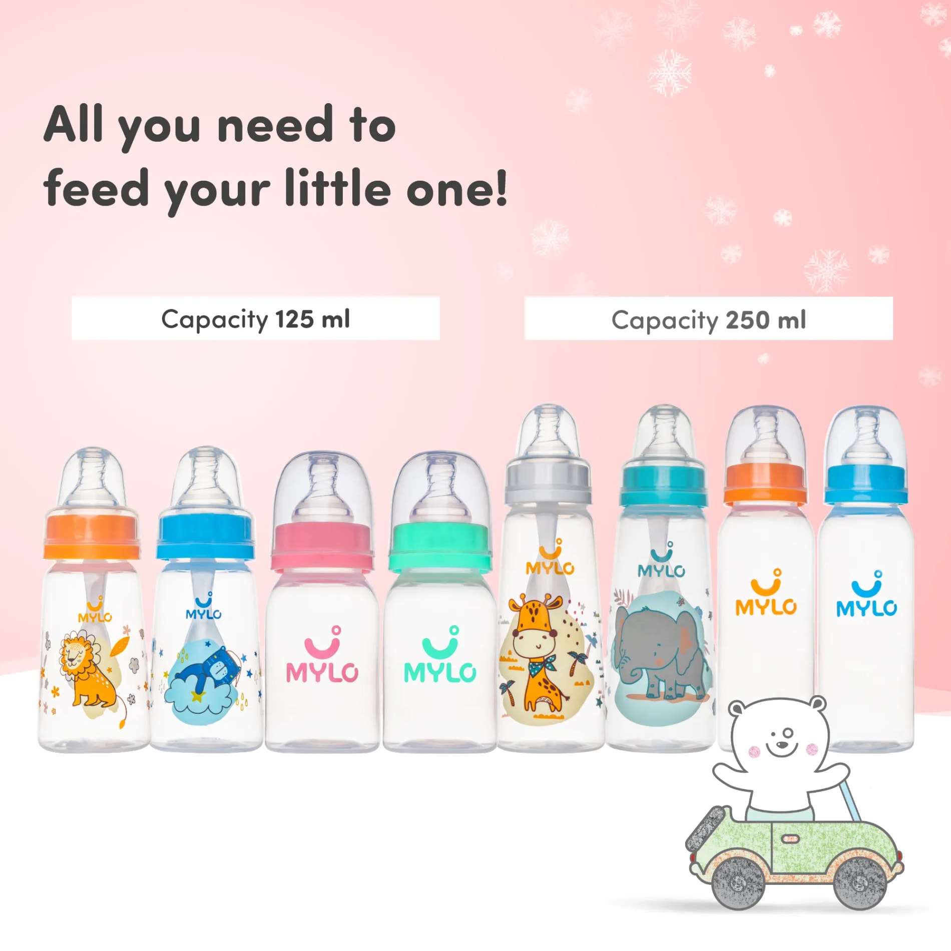 2-in-1 Baby Feeding Bottle | BPA Free with Anti-Colic Nipple | Easy Flow Neck Design - Pink & Orange 125ml & 250ml