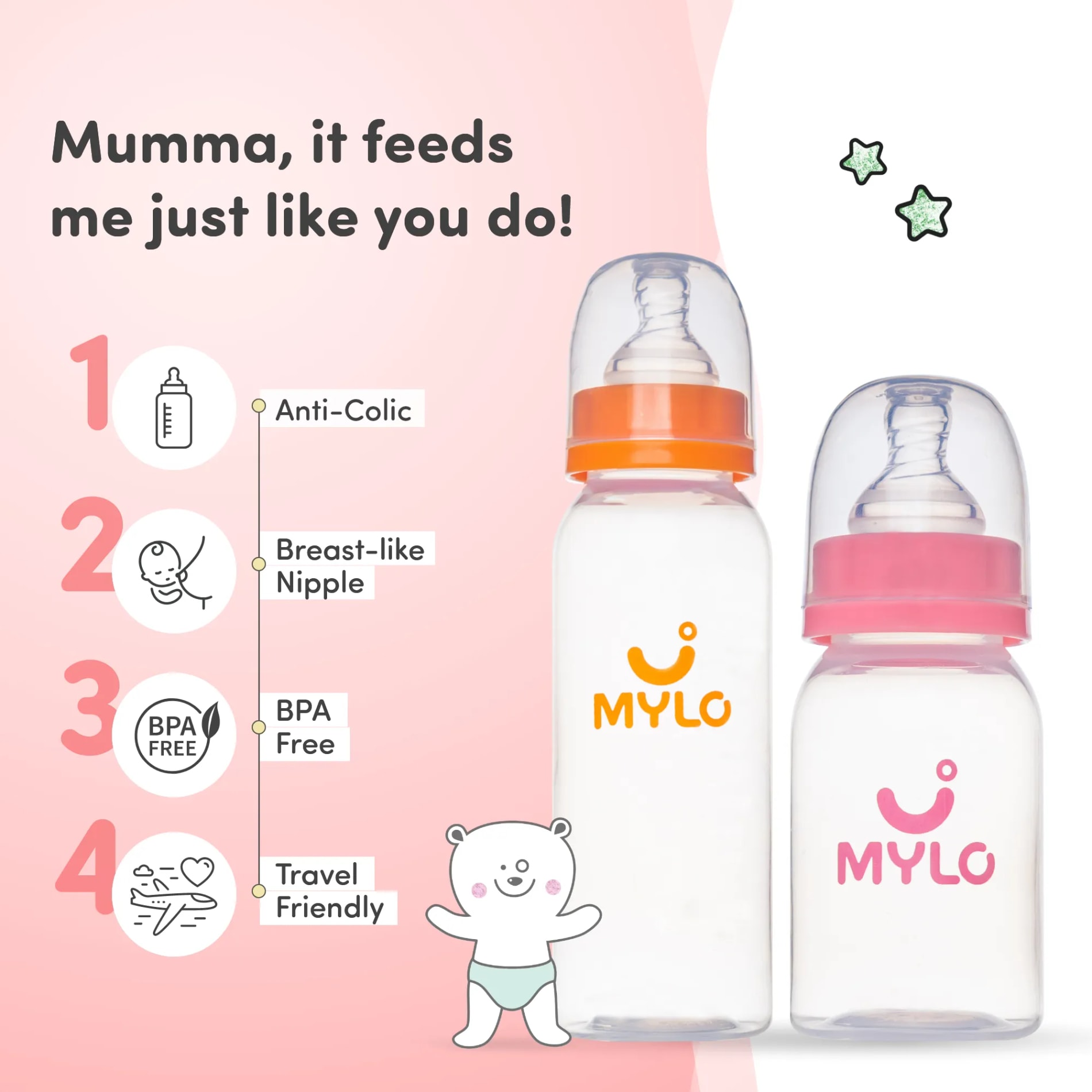 2-in-1 Baby Feeding Bottle | BPA Free with Anti-Colic Nipple | Easy Flow Neck Design - Pink & Orange 125ml & 250ml