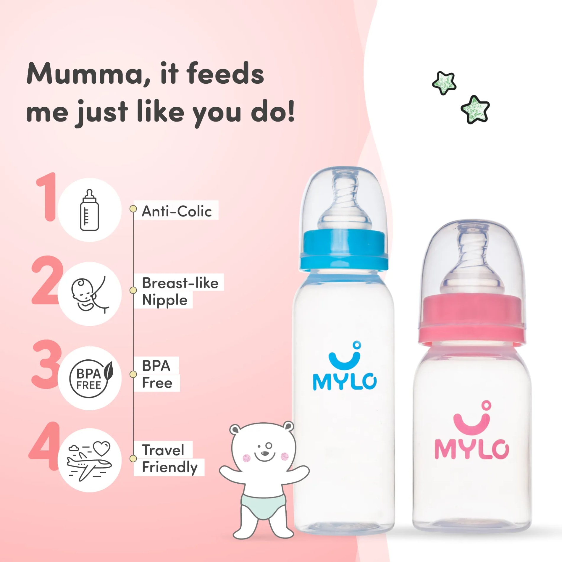 2-in-1 Baby Feeding Bottle | BPA Free with Anti-Colic Nipple | Easy Flow Neck Design - Pink & Blue 125ml & 250ml