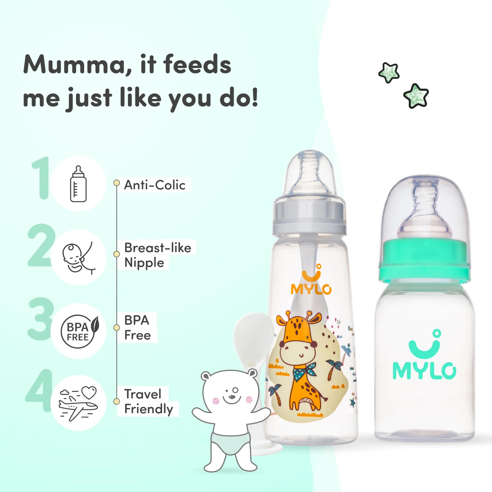 2-in-1 Baby Feeding Bottle | BPA Free with Anti-Colic Nipple & Spoon | Easy Flow Neck Design - Green & Giraffe 125ml & 250ml