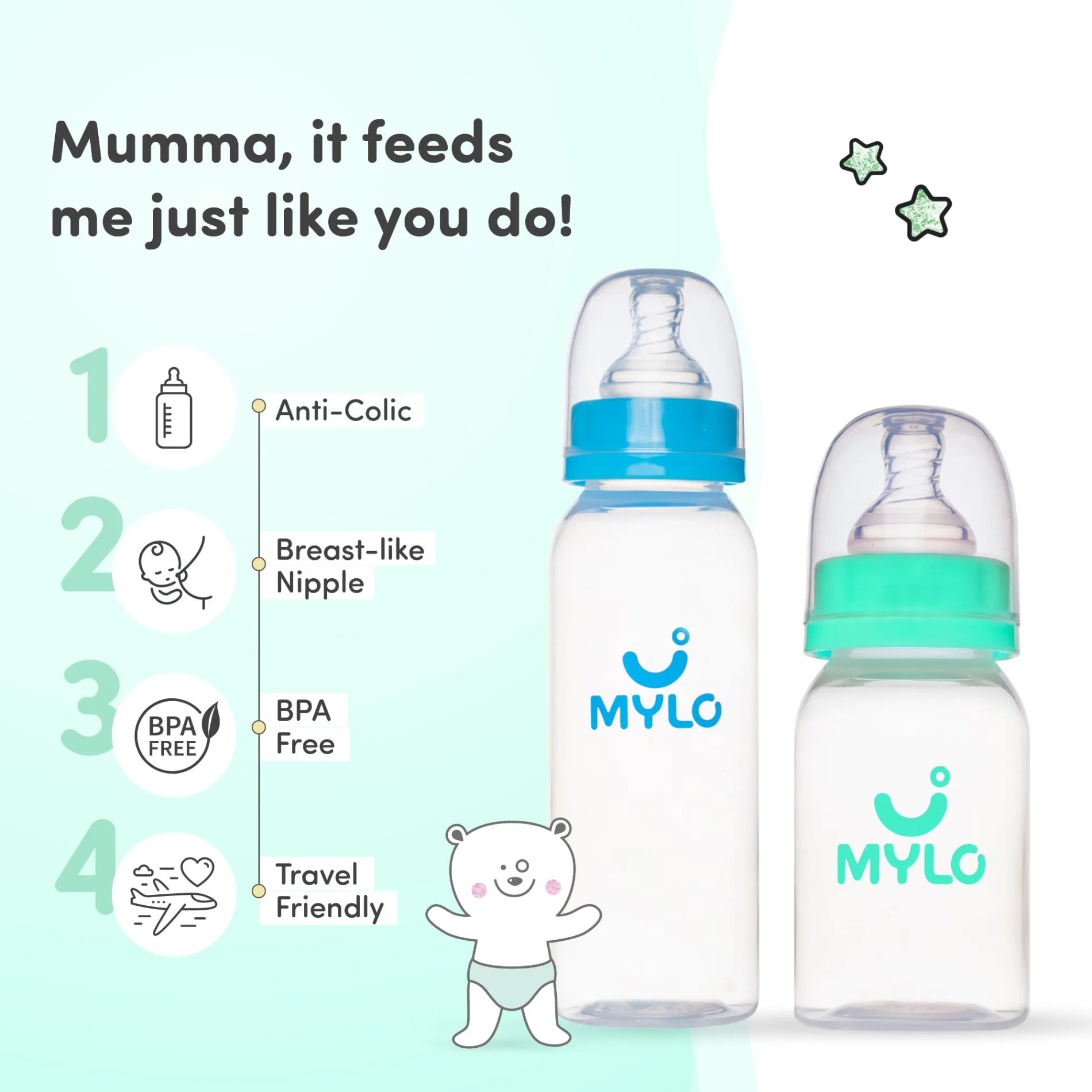 2-in-1 Baby Feeding Bottle | BPA Free with Anti-Colic Nipple | Easy Flow Neck Design - Green & Blue 125ml & 250ml