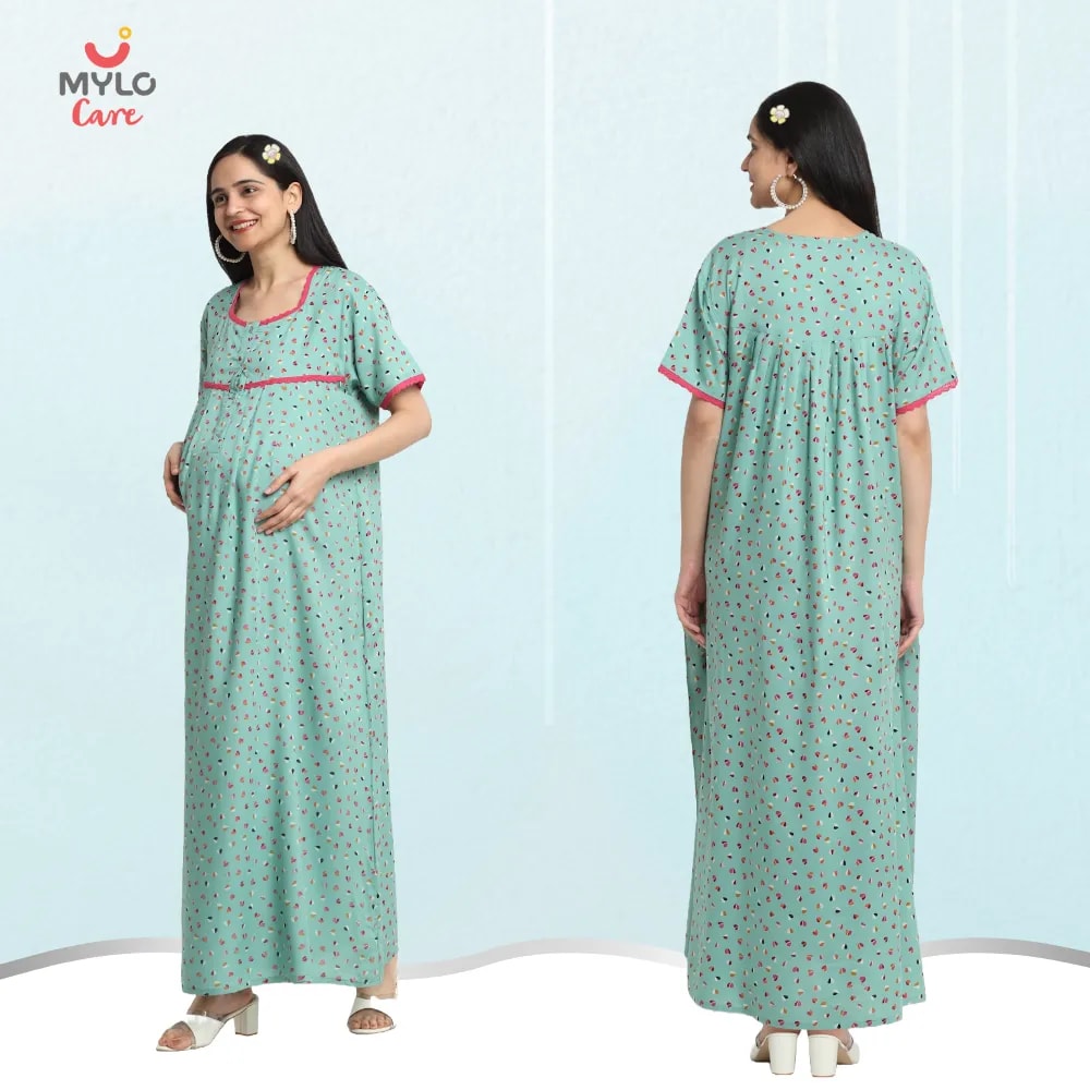 Maternity Dresses For Women with Both Side Zipper For Easy Feeding | Adjustable Belt for Growing Belly | Maxi Dress | Little Hearts - Sea Green | M