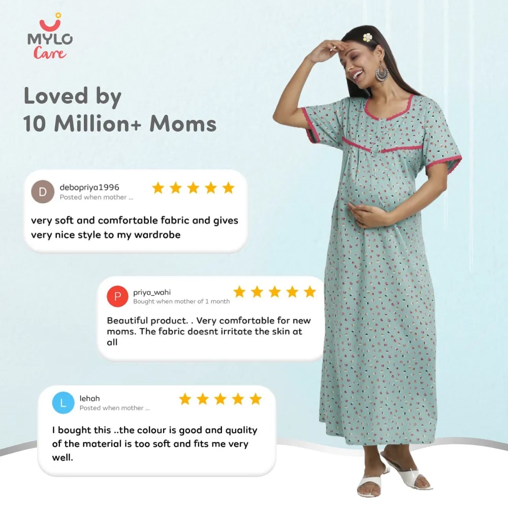 Maternity Dresses For Women with Both Side Zipper For Easy Feeding | Adjustable Belt for Growing Belly | Maxi Dress | Little Hearts - Sea Green | M