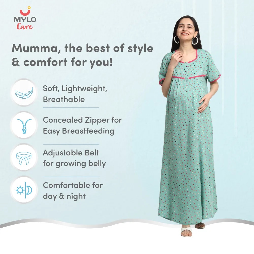 Maternity Dresses For Women with Both Side Zipper For Easy Feeding | Adjustable Belt for Growing Belly | Maxi Dress | Little Hearts - Sea Green | M