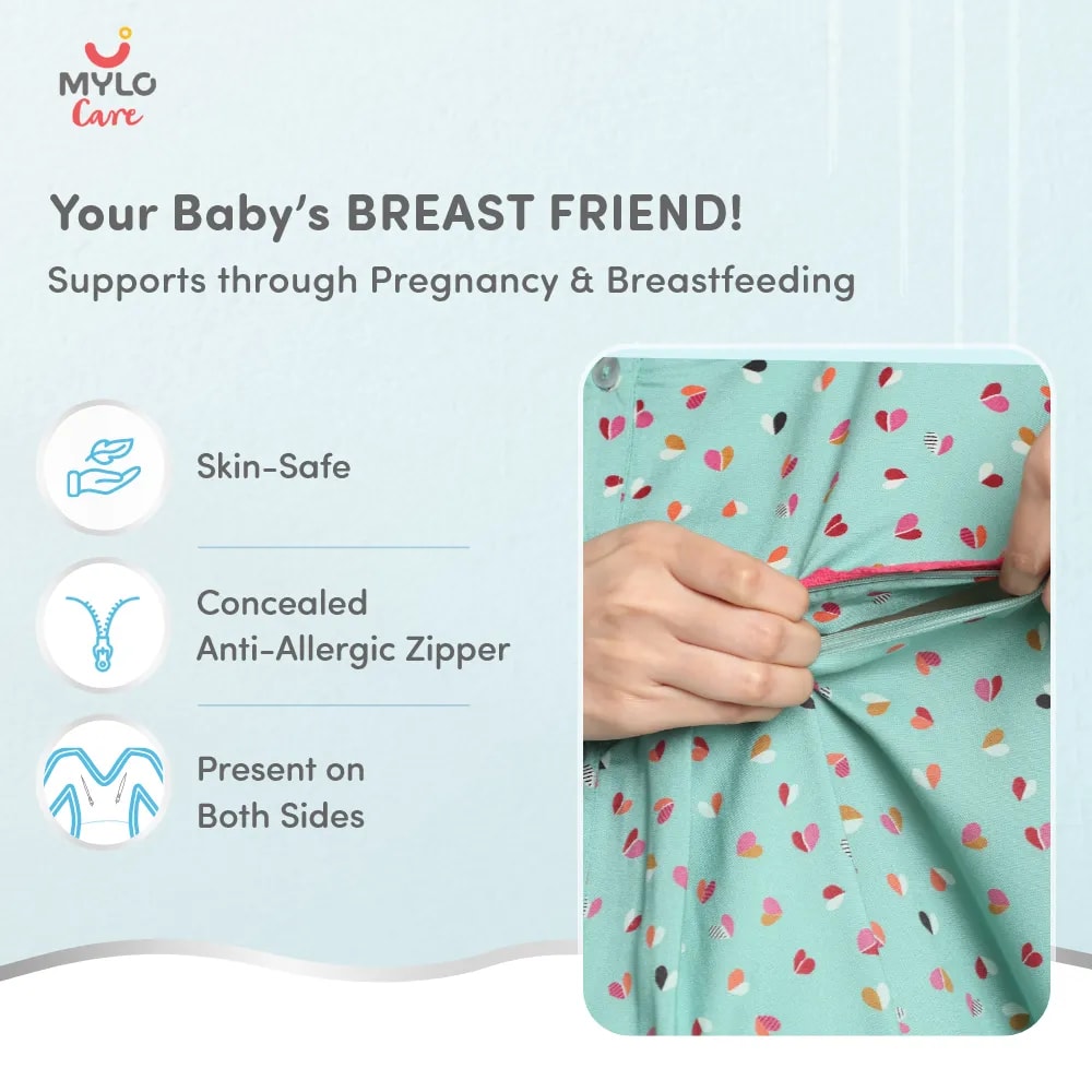 Maternity Dresses For Women with Both Side Zipper For Easy Feeding | Adjustable Belt for Growing Belly | Maxi Dress | Little Hearts - Sea Green | M