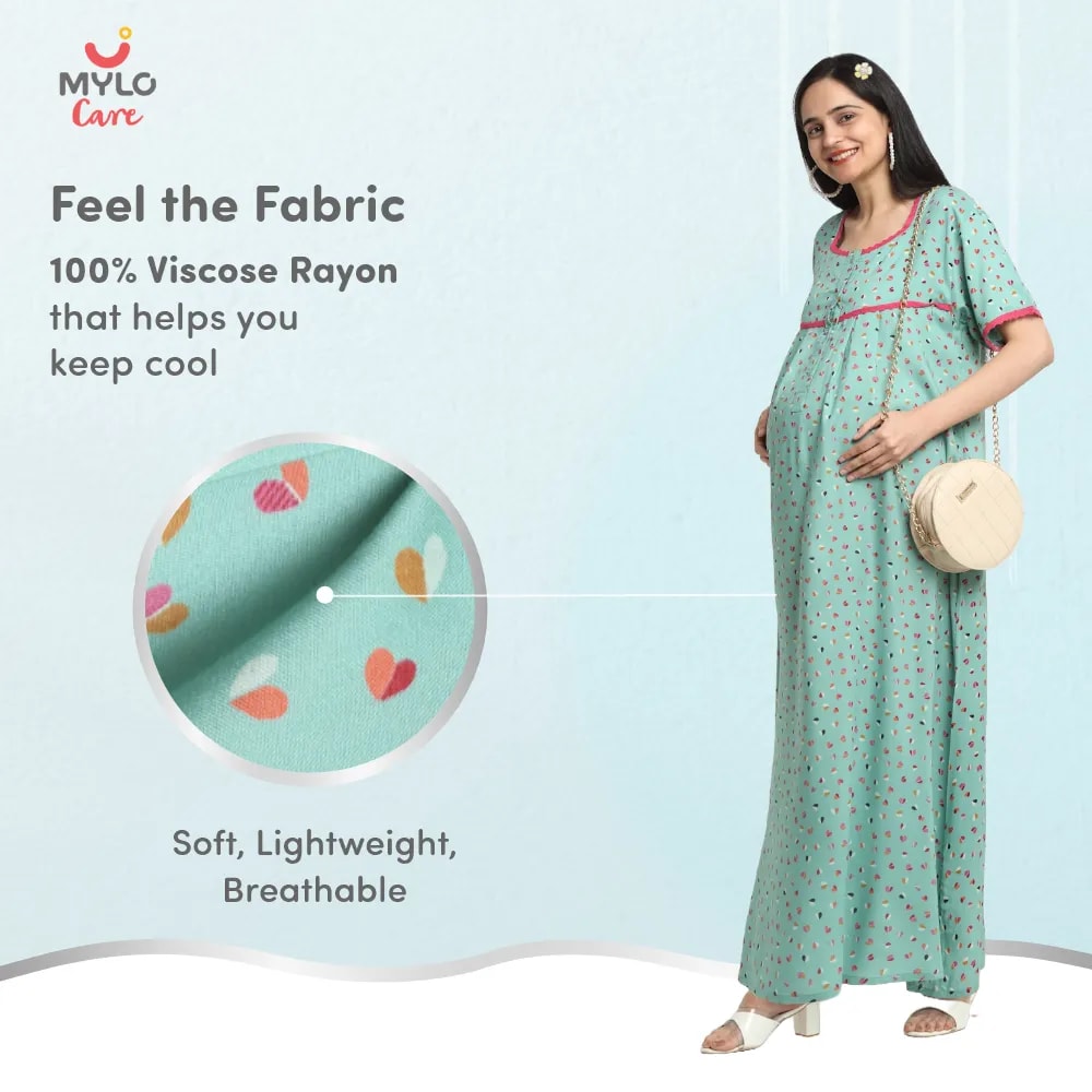 Maternity Dresses For Women with Both Side Zipper For Easy Feeding | Adjustable Belt for Growing Belly | Maxi Dress | Little Hearts - Sea Green | M