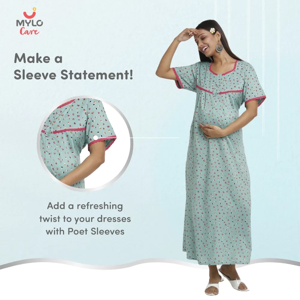 Maternity Dresses For Women with Both Side Zipper For Easy Feeding | Adjustable Belt for Growing Belly | Maxi Dress | Little Hearts - Sea Green | M