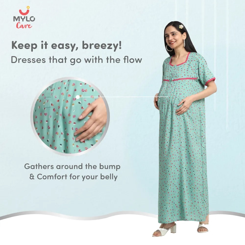Maternity Dresses For Women with Both Side Zipper For Easy Feeding | Adjustable Belt for Growing Belly | Maxi Dress | Little Hearts - Sea Green | L