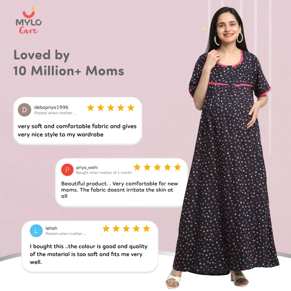 Maternity Dresses For Women with Both Side Zipper For Easy Feeding | Adjustable Belt for Growing Belly | Maxi Dress | Little Hearts - Navy | M