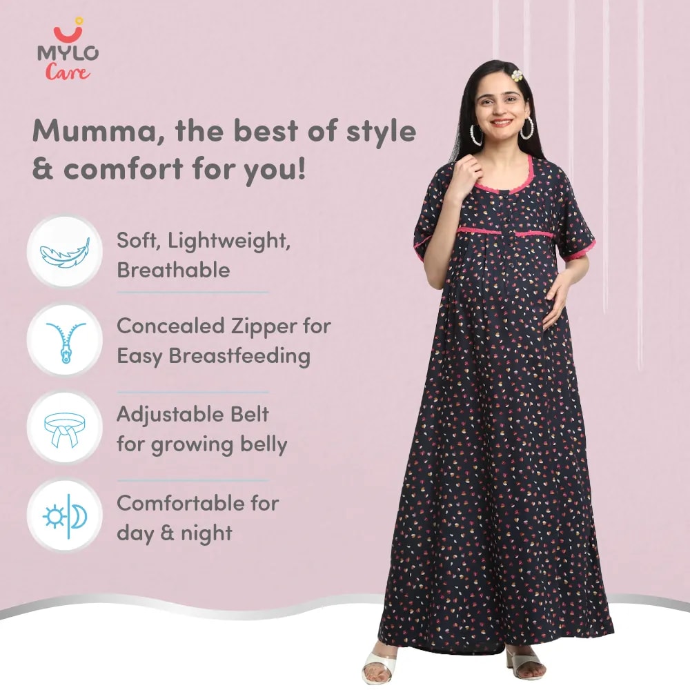 Maternity Dresses For Women with Both Side Zipper For Easy Feeding | Adjustable Belt for Growing Belly | Maxi Dress | Little Hearts - Navy | M