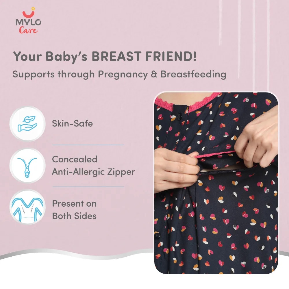 Maternity Dresses For Women with Both Side Zipper For Easy Feeding | Adjustable Belt for Growing Belly | Maxi Dress | Little Hearts - Navy | M