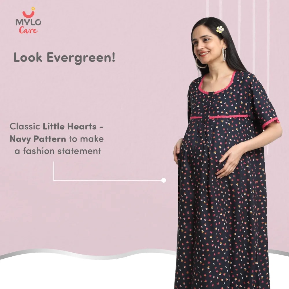 Maternity Dresses For Women with Both Side Zipper For Easy Feeding | Adjustable Belt for Growing Belly | Maxi Dress | Little Hearts - Navy | M