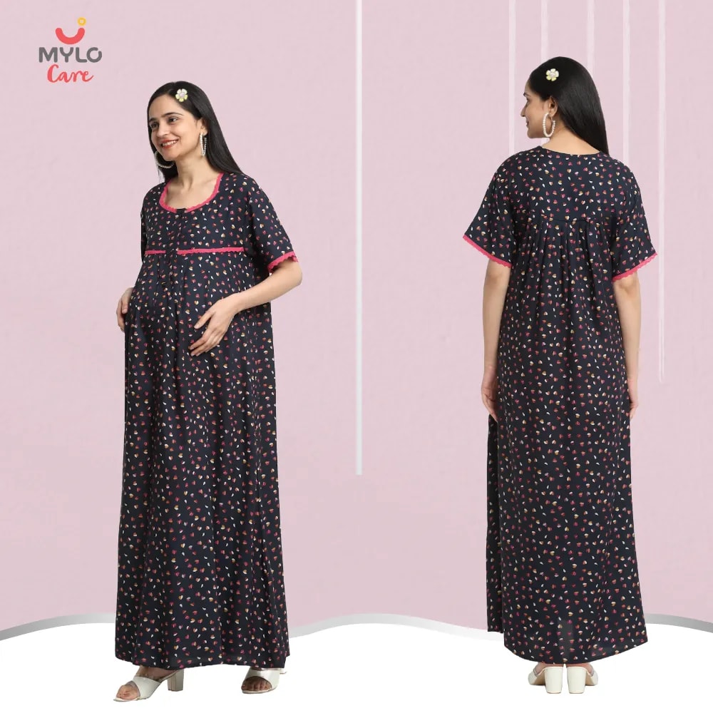 Maternity Dresses For Women with Both Side Zipper For Easy Feeding | Adjustable Belt for Growing Belly | Maxi Dress | Little Hearts - Navy | M