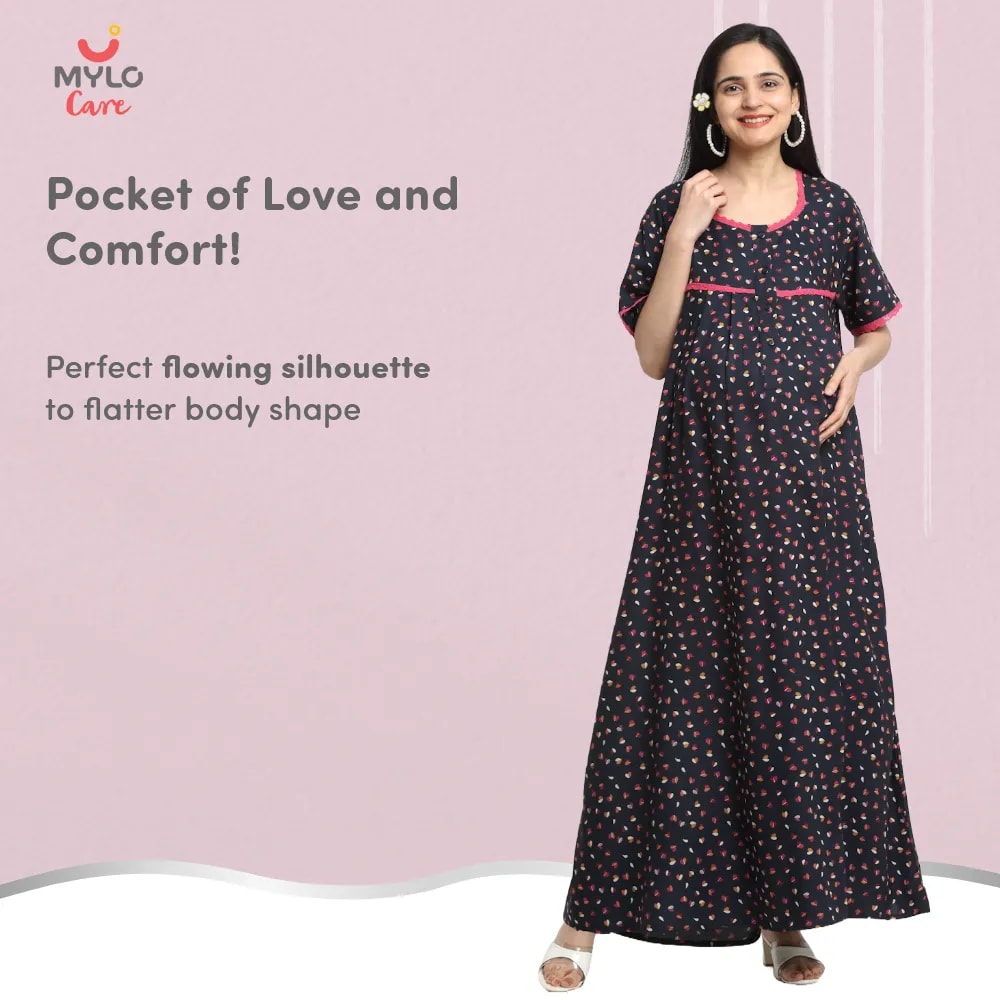 Maternity Dresses For Women with Both Side Zipper For Easy Feeding | Adjustable Belt for Growing Belly | Maxi Dress | Little Hearts - Navy | L