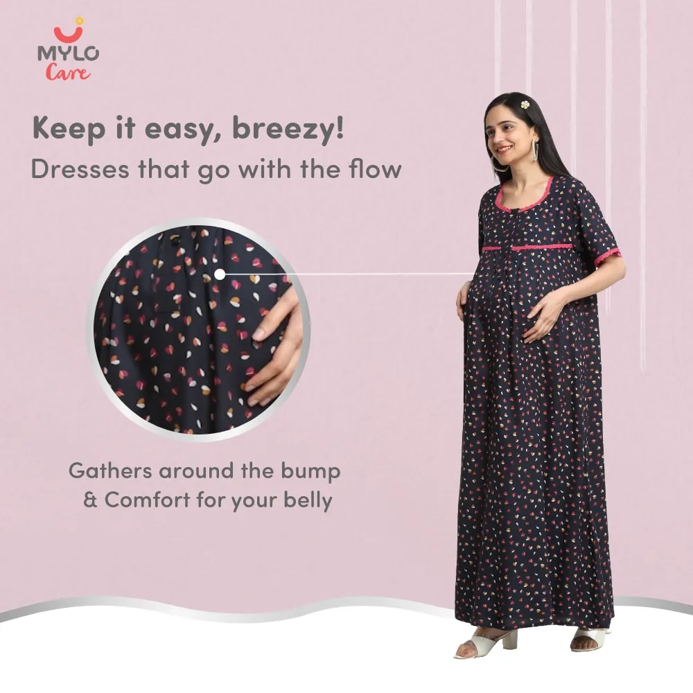 Maternity Dresses For Women with Both Side Zipper For Easy Feeding | Adjustable Belt for Growing Belly | Maxi Dress | Little Hearts - Navy | L