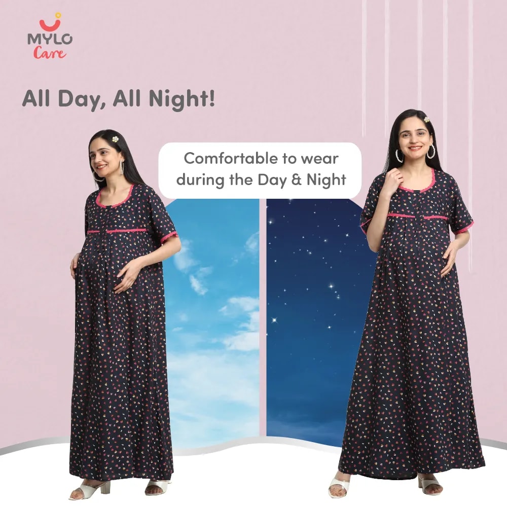 Maternity Dresses For Women with Both Side Zipper For Easy Feeding | Adjustable Belt for Growing Belly | Maxi Dress | Little Hearts - Navy | L