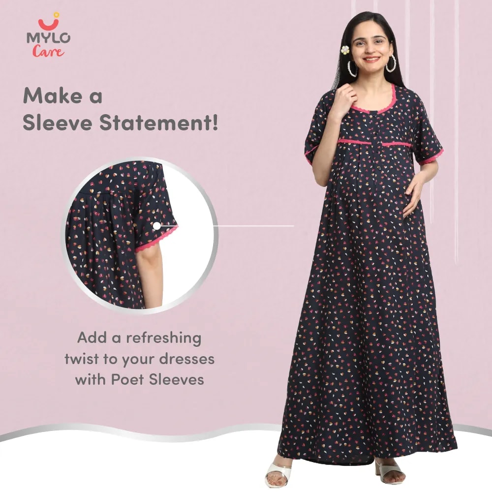 Maternity Dresses For Women with Both Side Zipper For Easy Feeding | Adjustable Belt for Growing Belly | Maxi Dress | Little Hearts - Navy | L