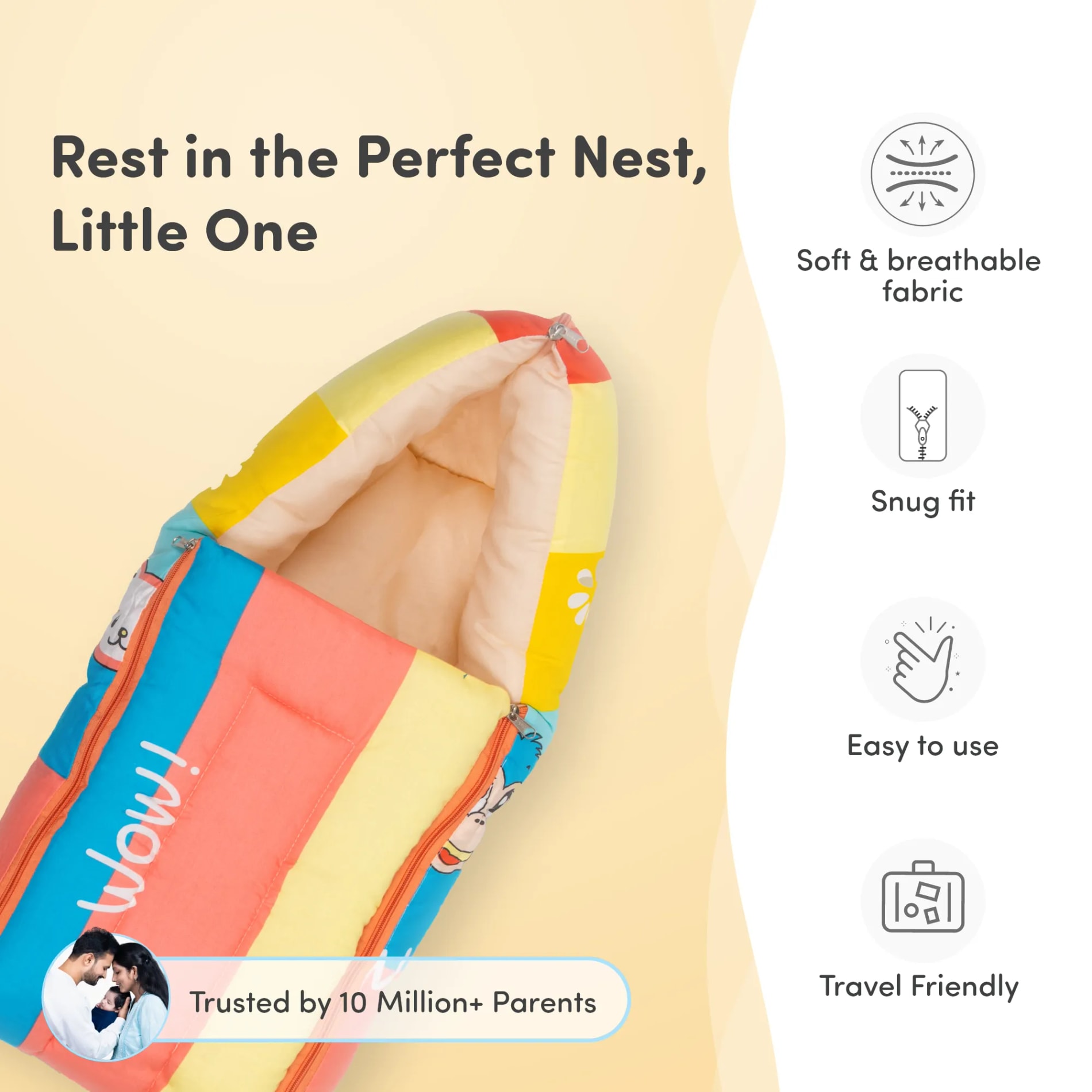 Baby 4–in-1 Soft & Snuggly Baby Sleeping Bag/Baby Carry Nest with 3-way Zip Opening | Soft & Breathable | Head-to-toe comfort - Magical Rainbow