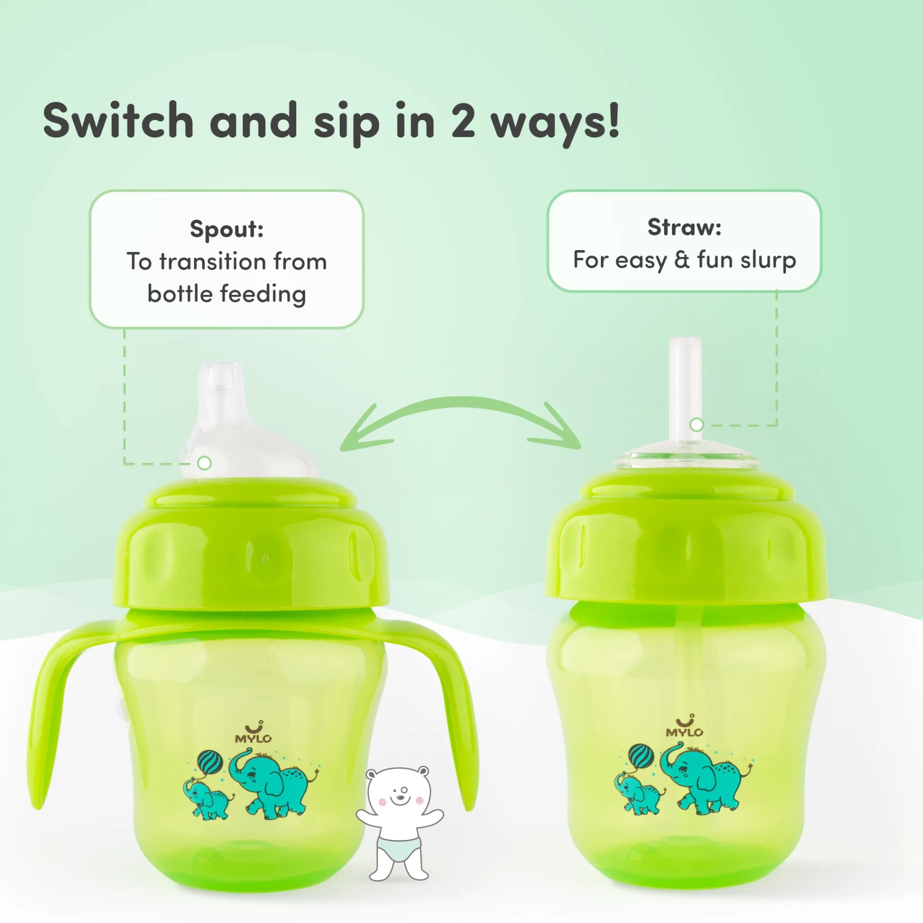 Baby Sipper | 2-in-1 Convertible Sipper with Spout & Straw | Sipper Bottle for Kids - 150ml - BPA-Free (Green)