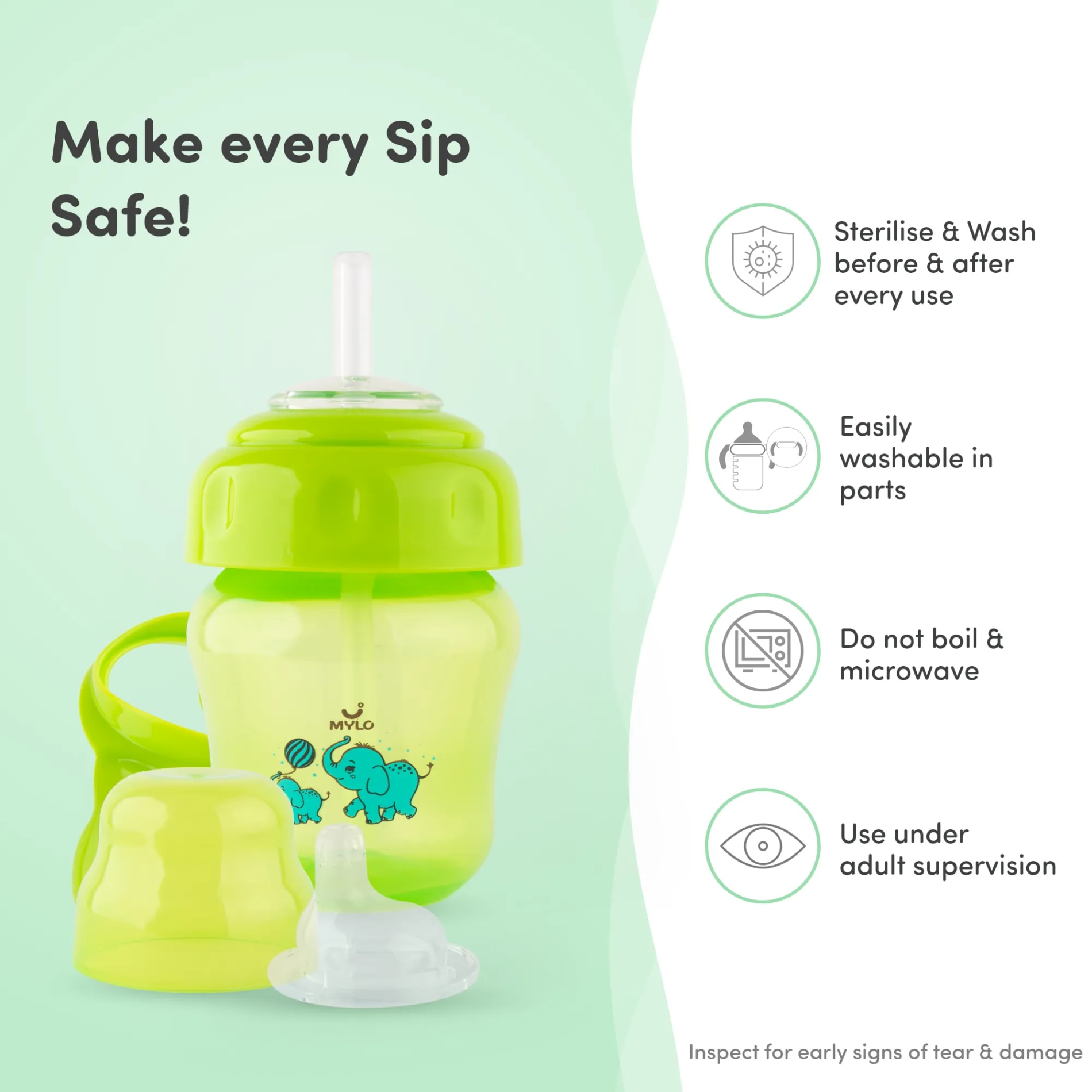 Baby Sipper | 2-in-1 Convertible Sipper with Spout & Straw | Sipper Bottle for Kids - 150ml - BPA-Free (Green)